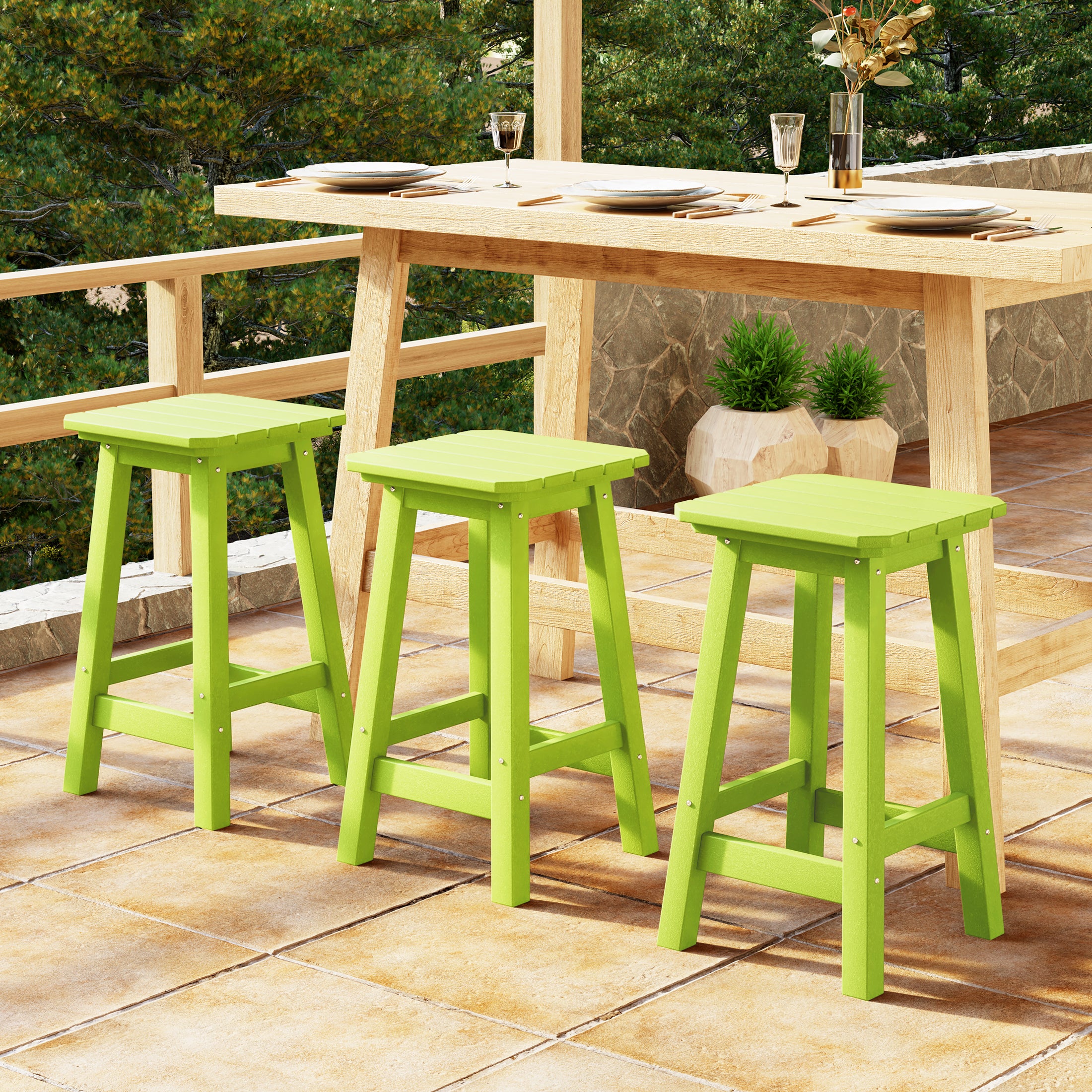 Paradise 24" HDPE Outdoor Patio Counter High Backless Square Bar Stools Set of Three