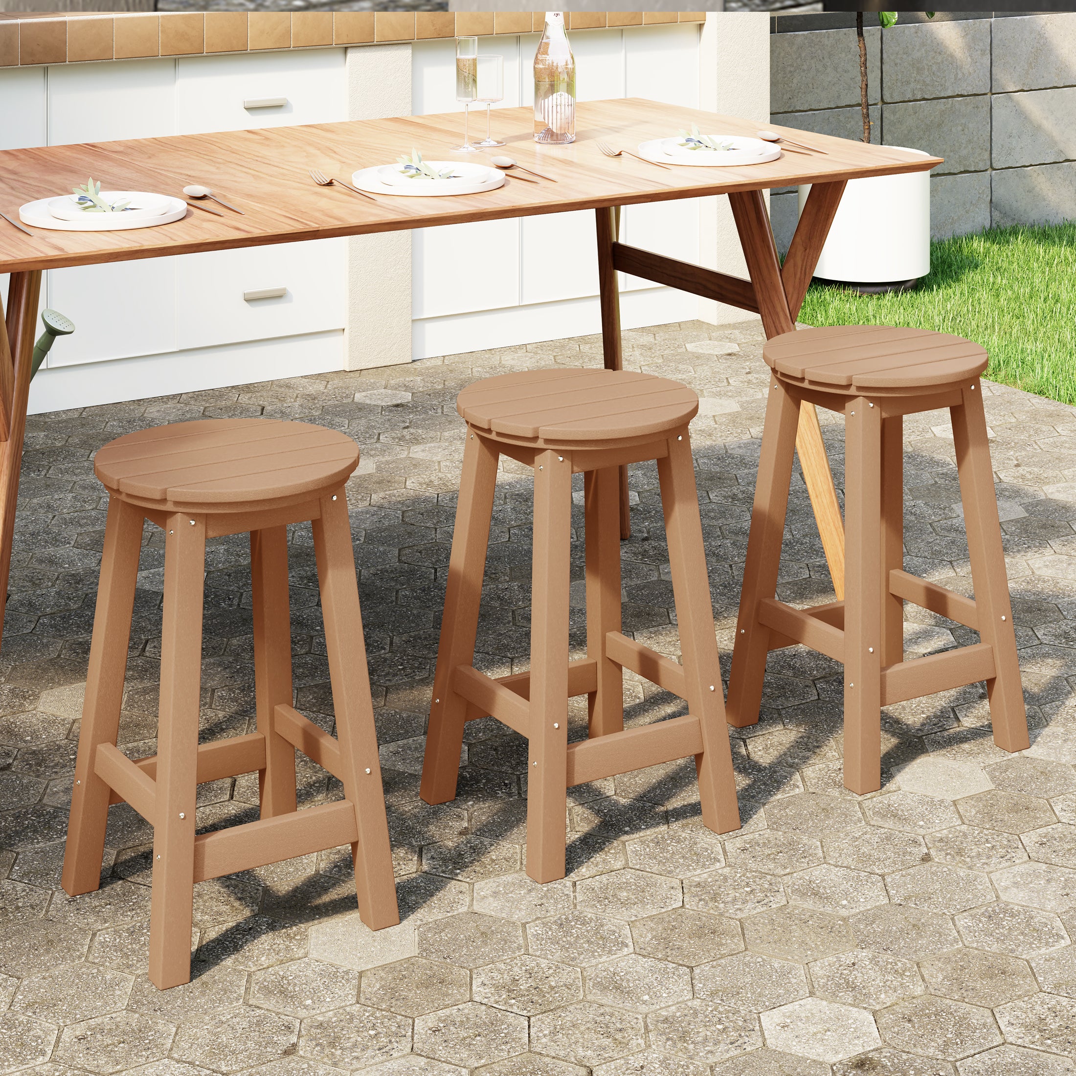 Paradise 24" HDPE Outdoor Patio Round Counter Height Bar Stool Set of 3