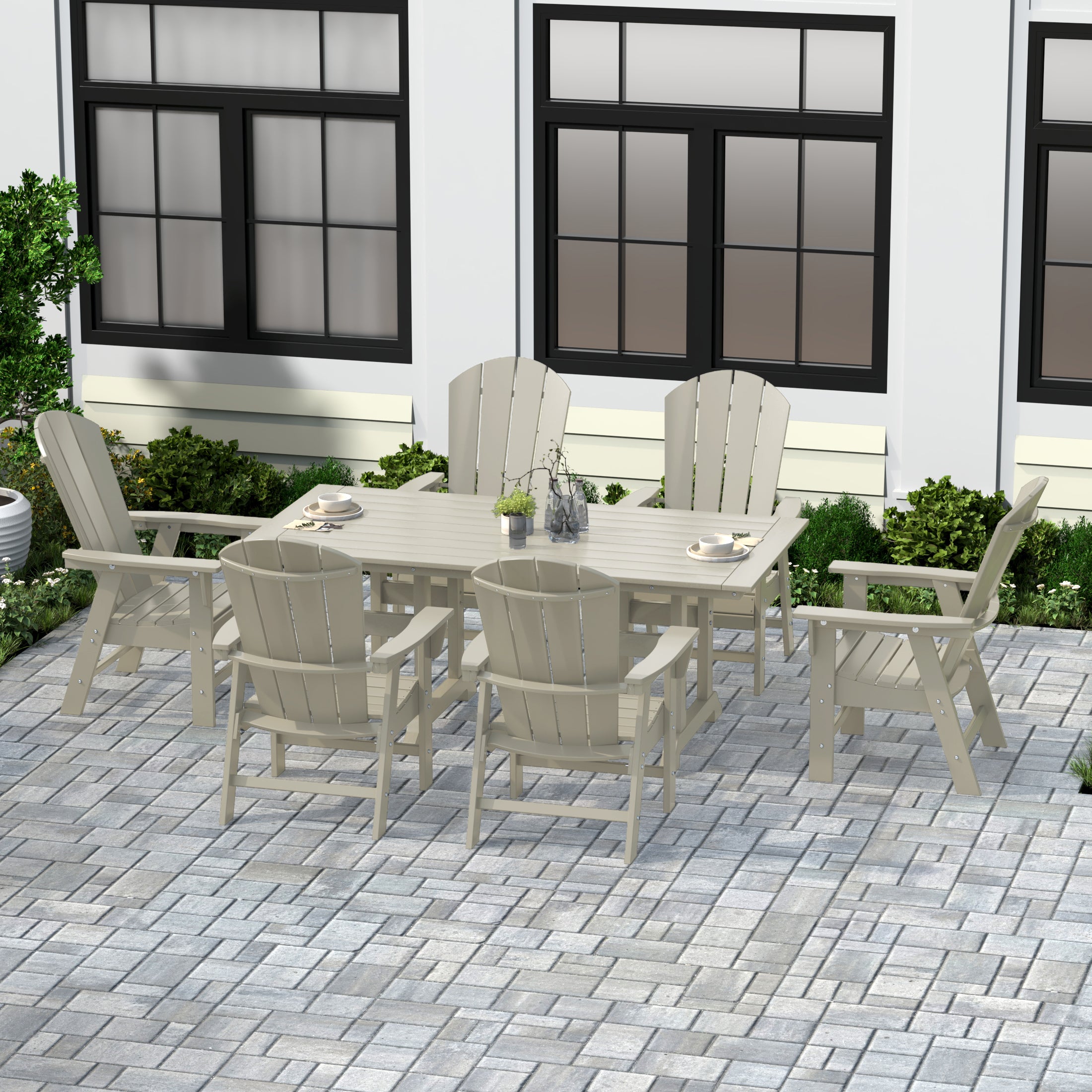 Paradise 7 Piece Outdoor Patio Dining Table and Adirondack Armchair Set