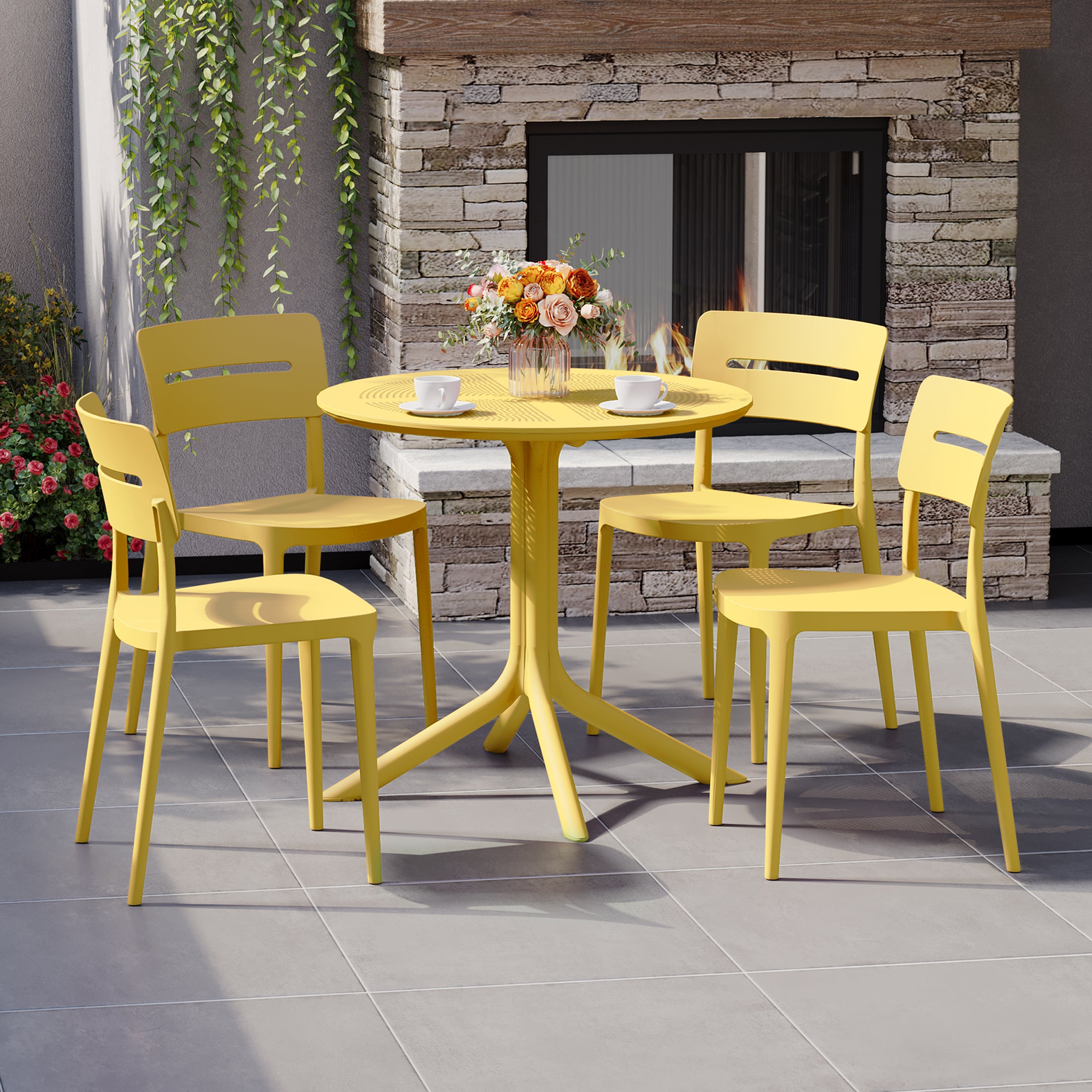 Sunshine Modern 5-Piece Resin Round Patio Dining Table Set with Stackable Patio Dining Chairs