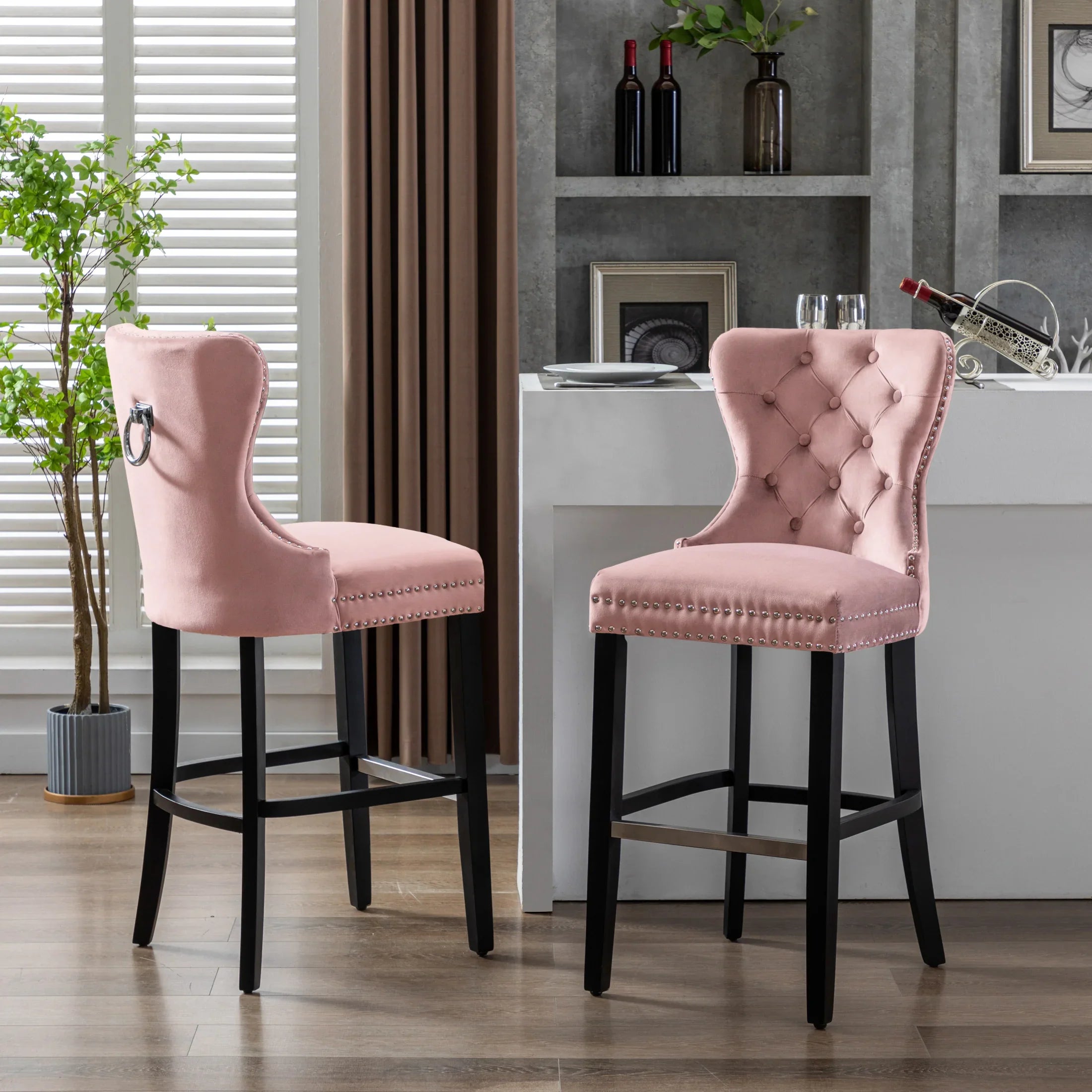 Hank 29" Tufted Velvet Bar Stool (Set of 2), Black