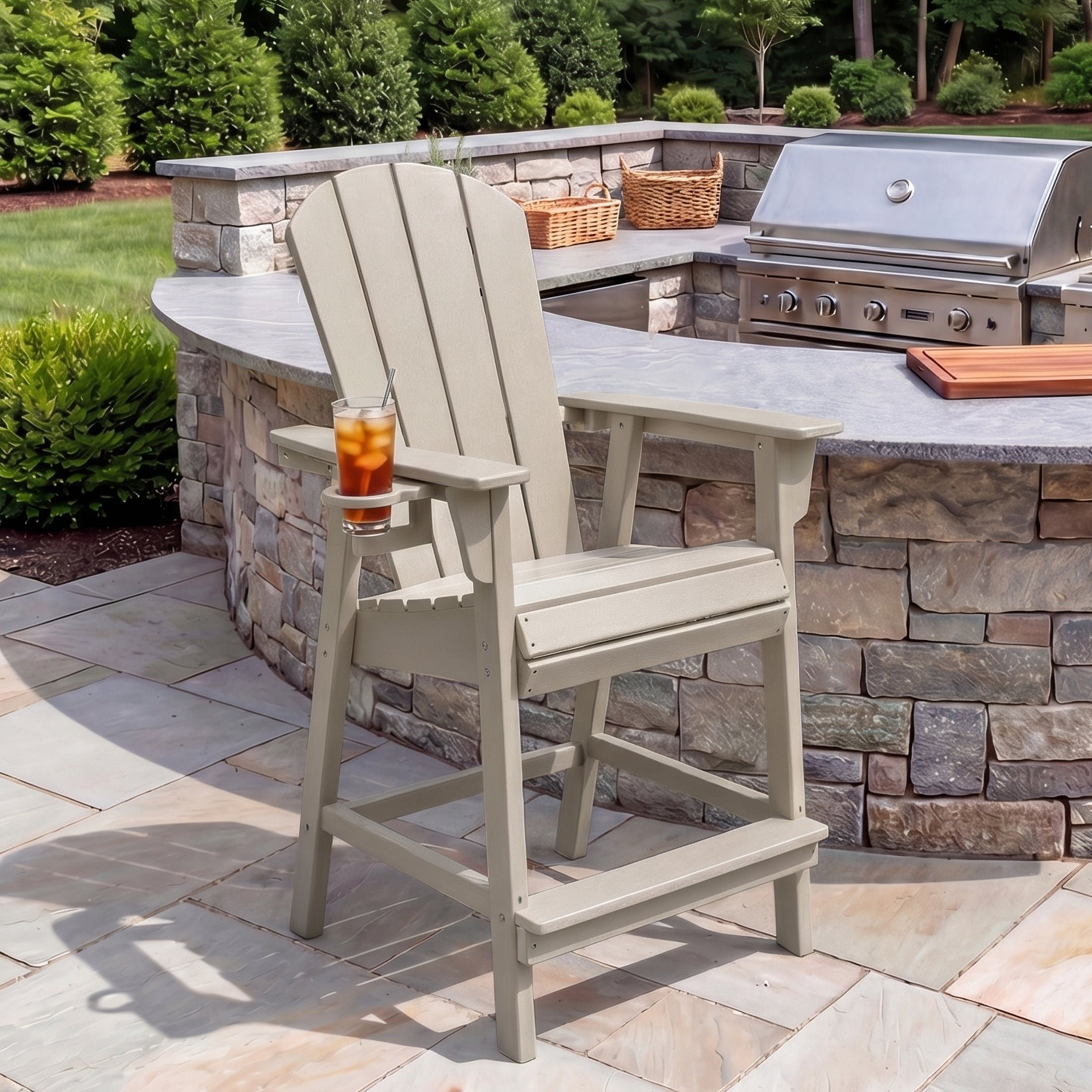 Paradise Outdoor HDPE Tall Adirondack Counter Height Bar Chair With Cup Holder