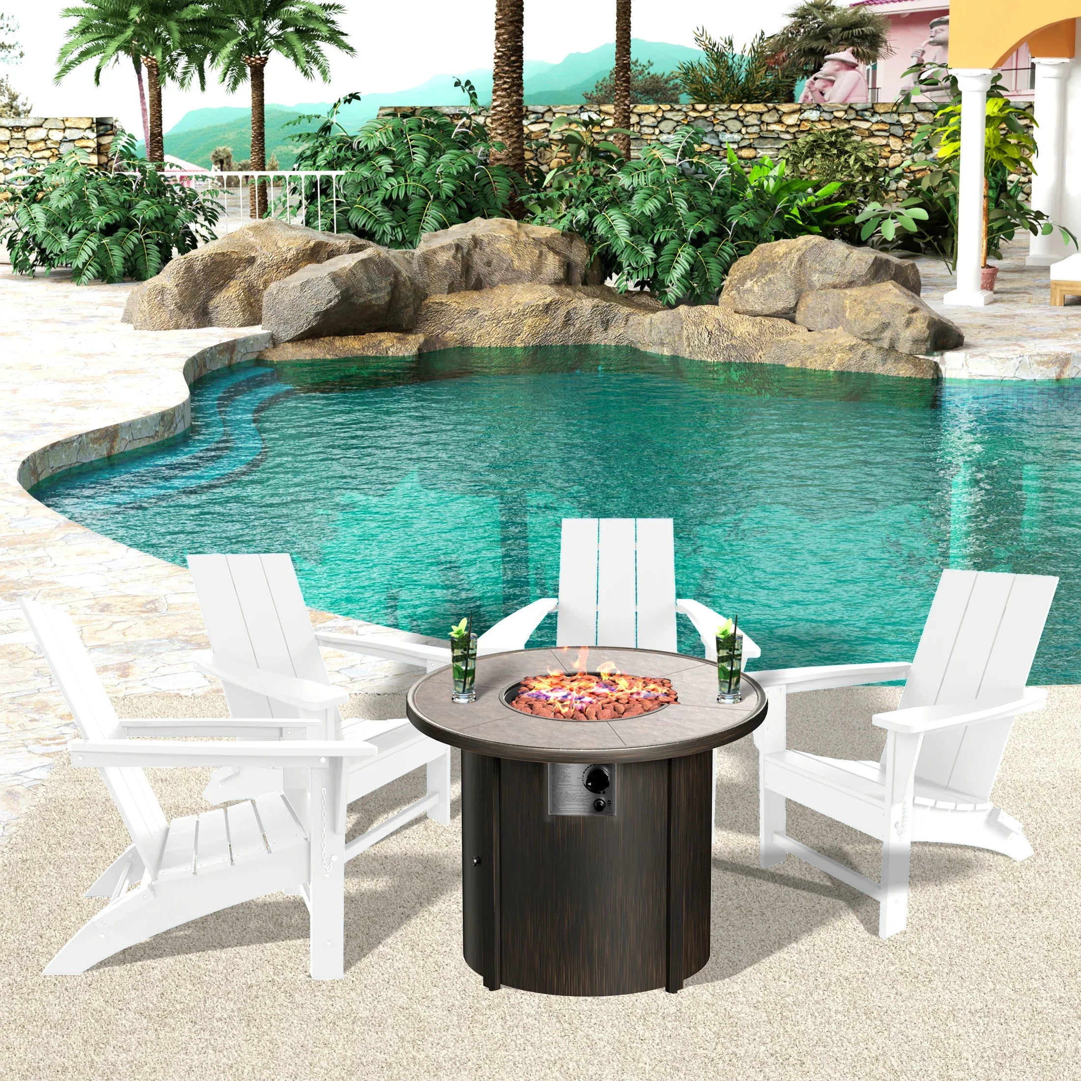 Palms Modern Folding Poly Adirondack Chair With Round Fire Pit Table