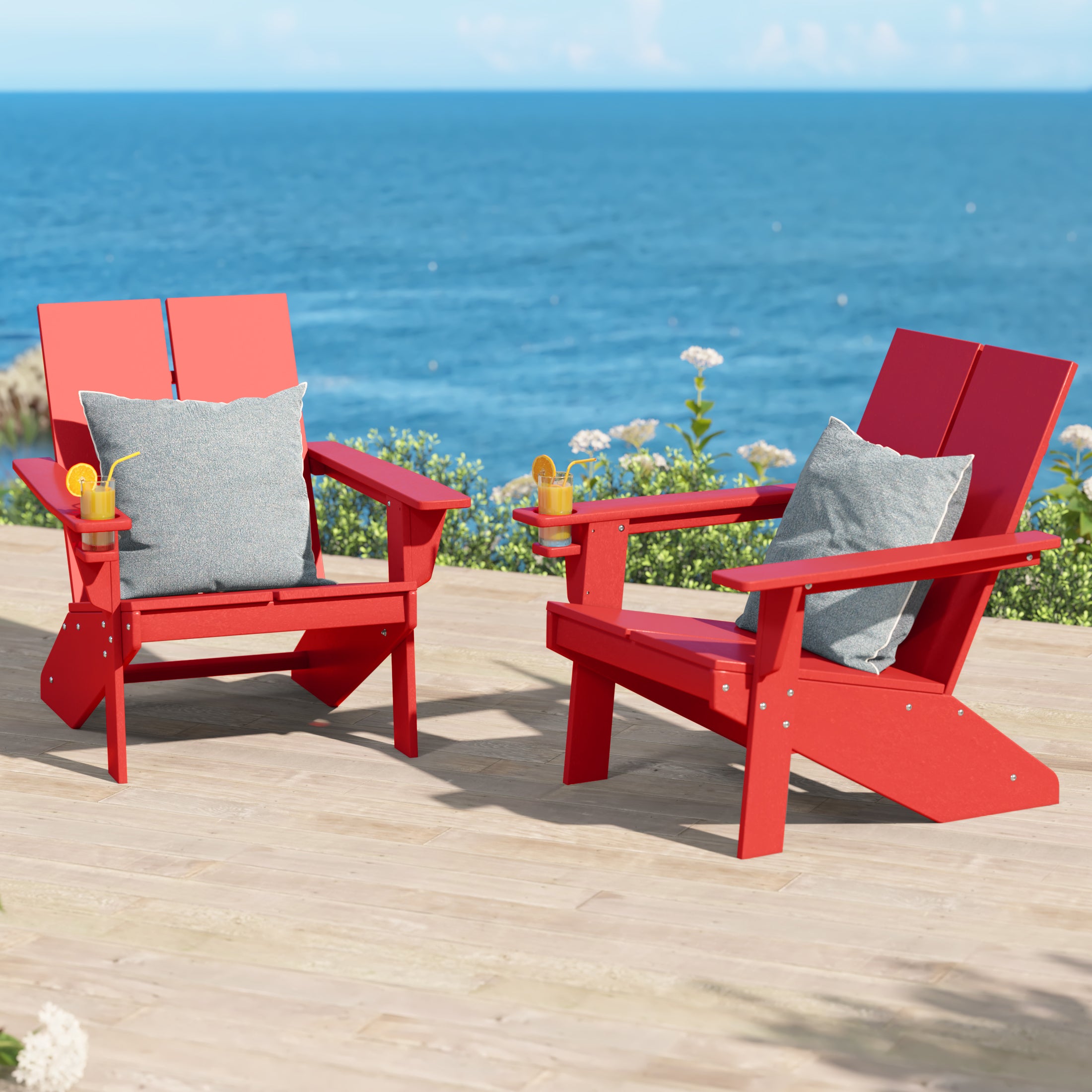 Seaview Outdoor HDPE Modern Adirondack Chair with Cup Holder (Set of 2)