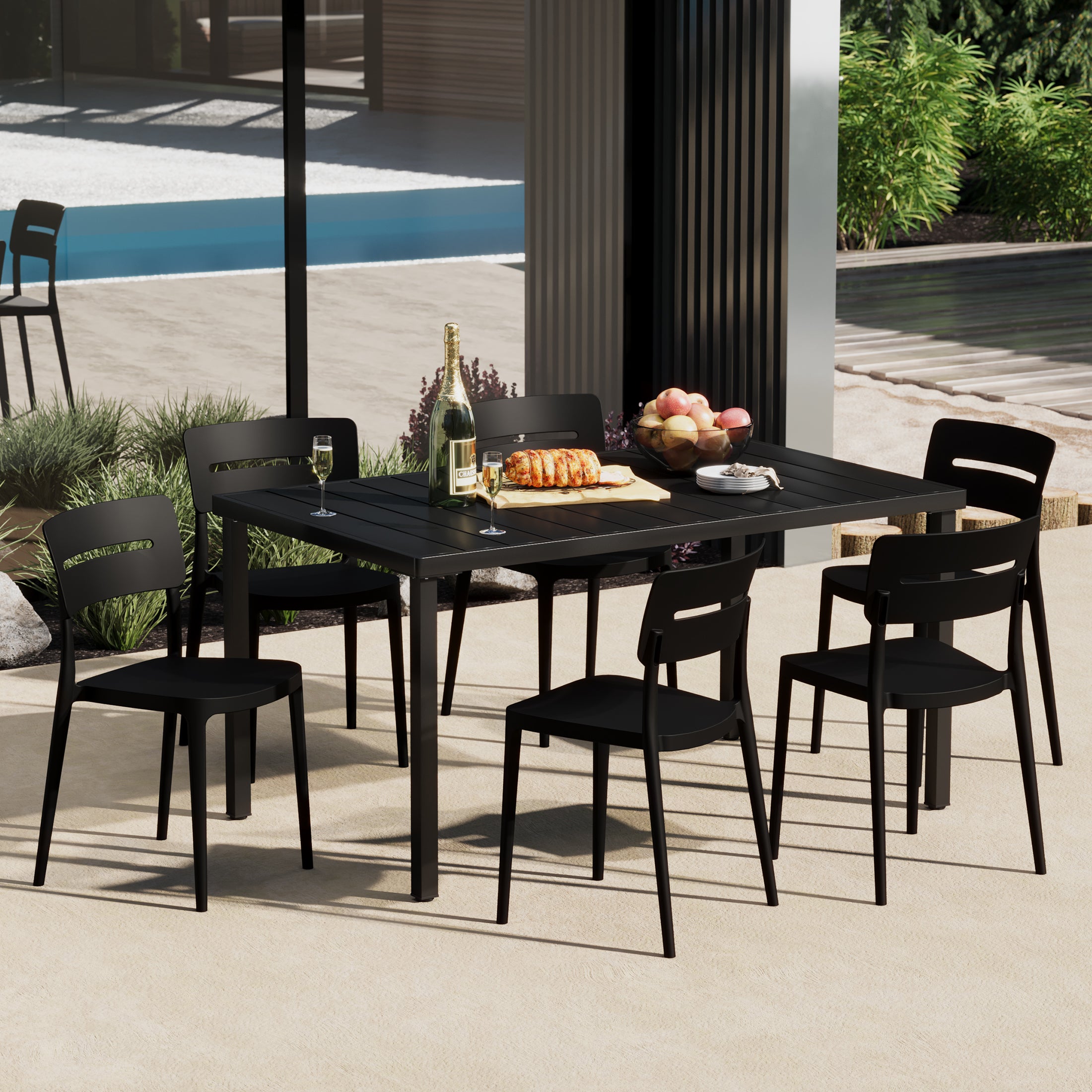 Sunshine 7-Piece Outdoor Rectangular Metal Patio Dining Table Set With Stackable Patio Chairs
