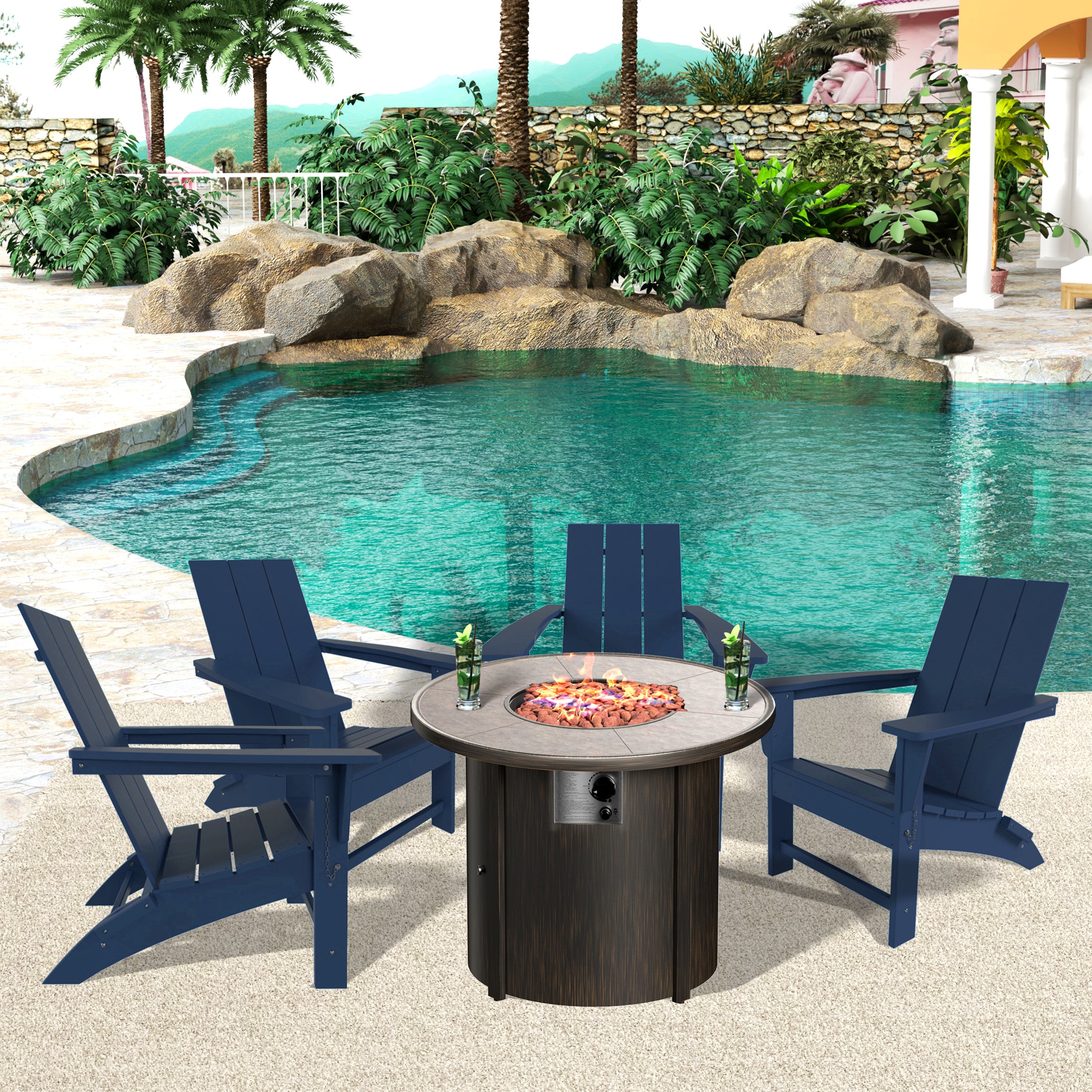 Palms Modern Folding Poly Adirondack Chair With Round Fire Pit Table