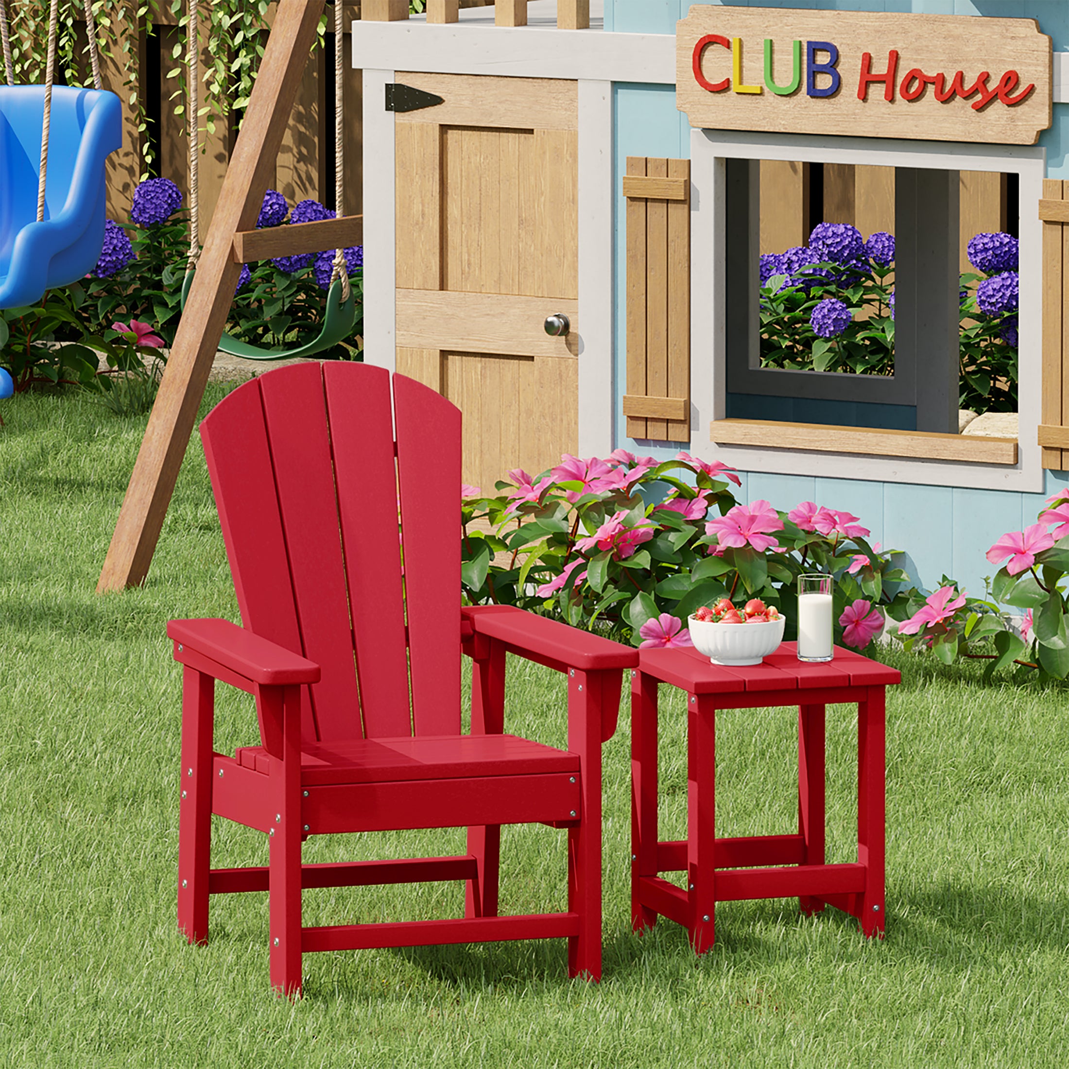 Paradise 2-Piece Kids Outdoor HDPE Adirondack Chair With Square Side Table Set