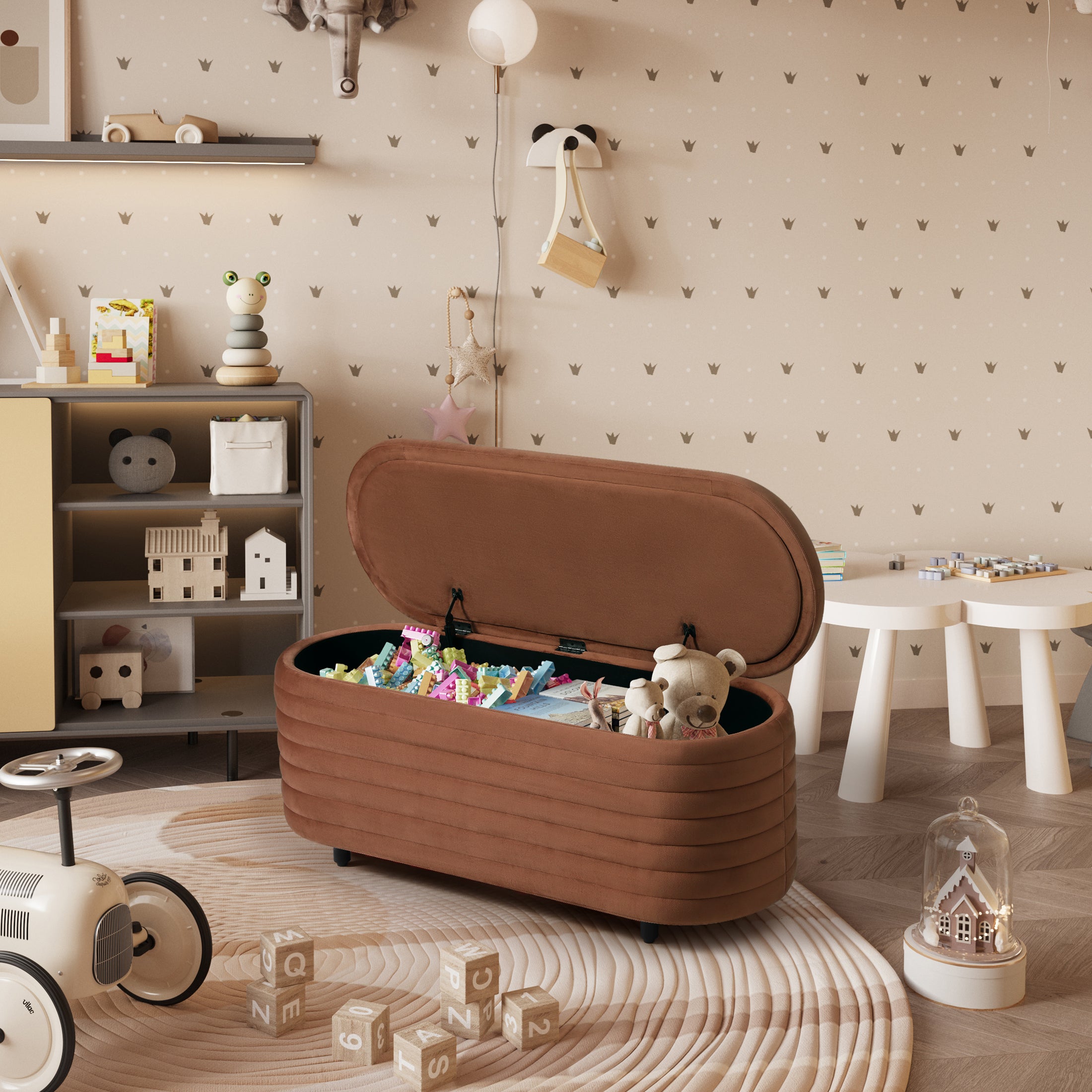 Alaia 42" Wide Mid-Century Modern Upholstered Velvet Tufted Oval Storage Ottoman Bench