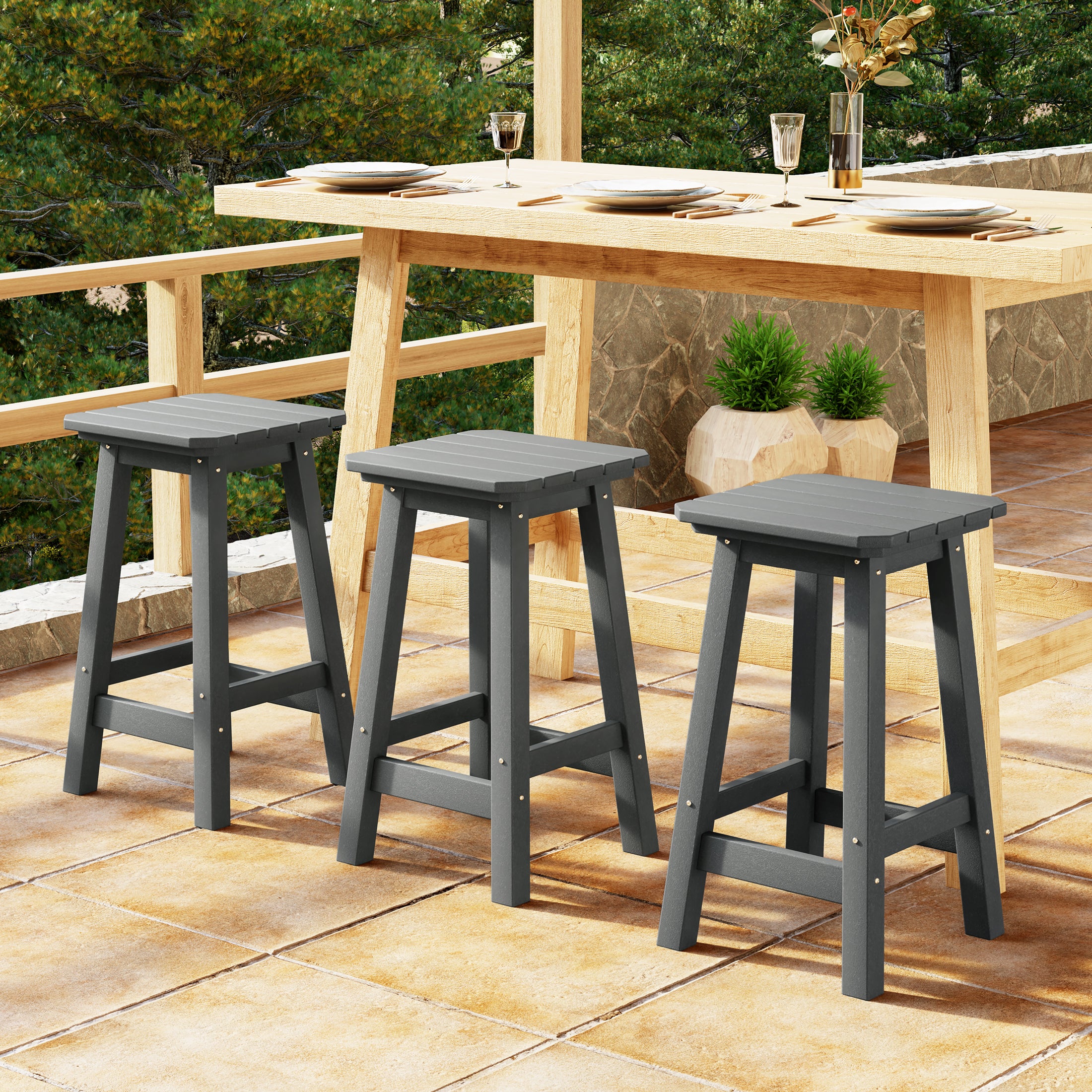 Paradise 24" HDPE Outdoor Patio Counter High Backless Square Bar Stools Set of Three