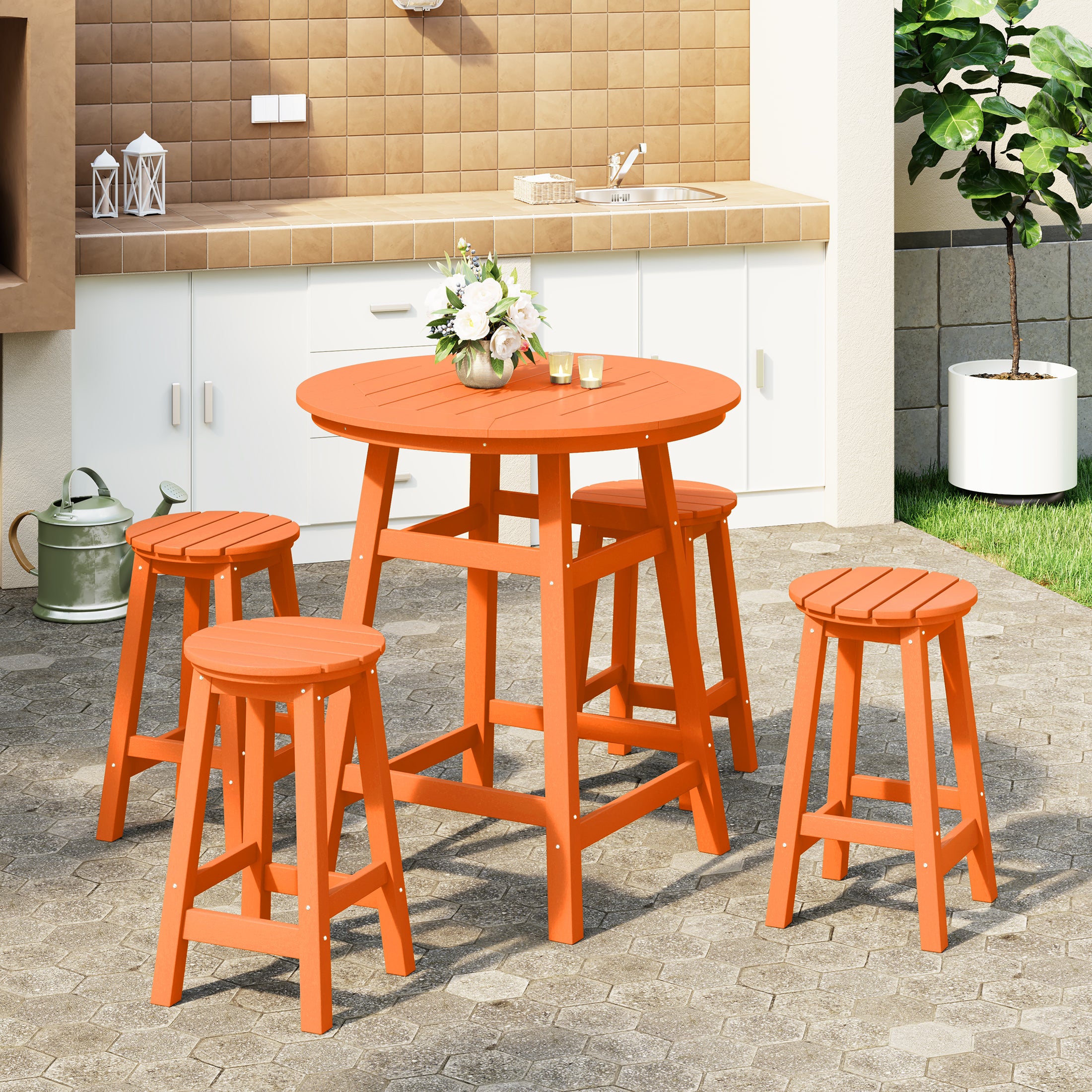 Paradise 5-Piece HDPE Outdoor Patio Dining Bar Bistro Table Set with Counter High Round Bar Stools