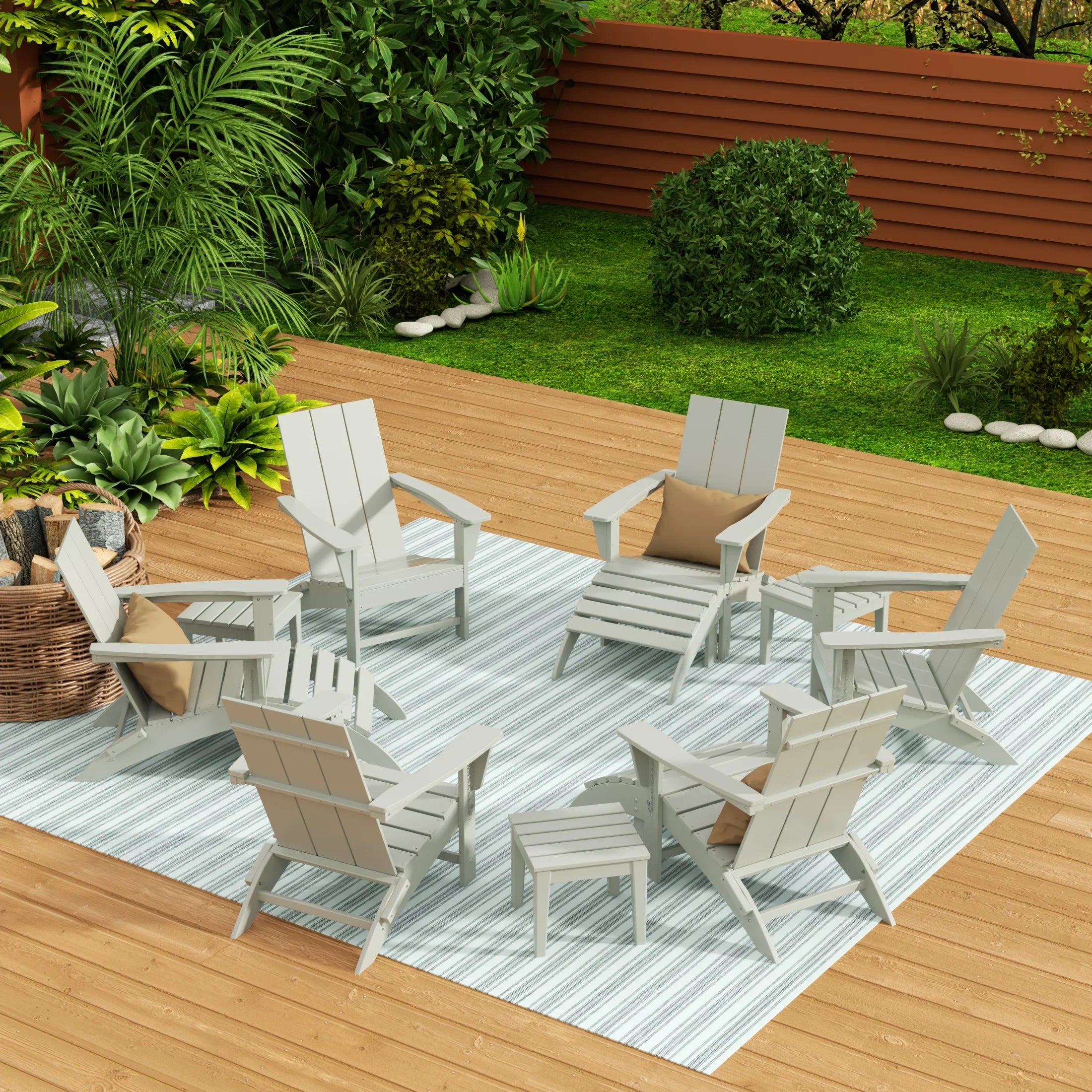 Palms 12-Piece Modern Poly Folding Adirondack Chair with Ottoman and Side Table