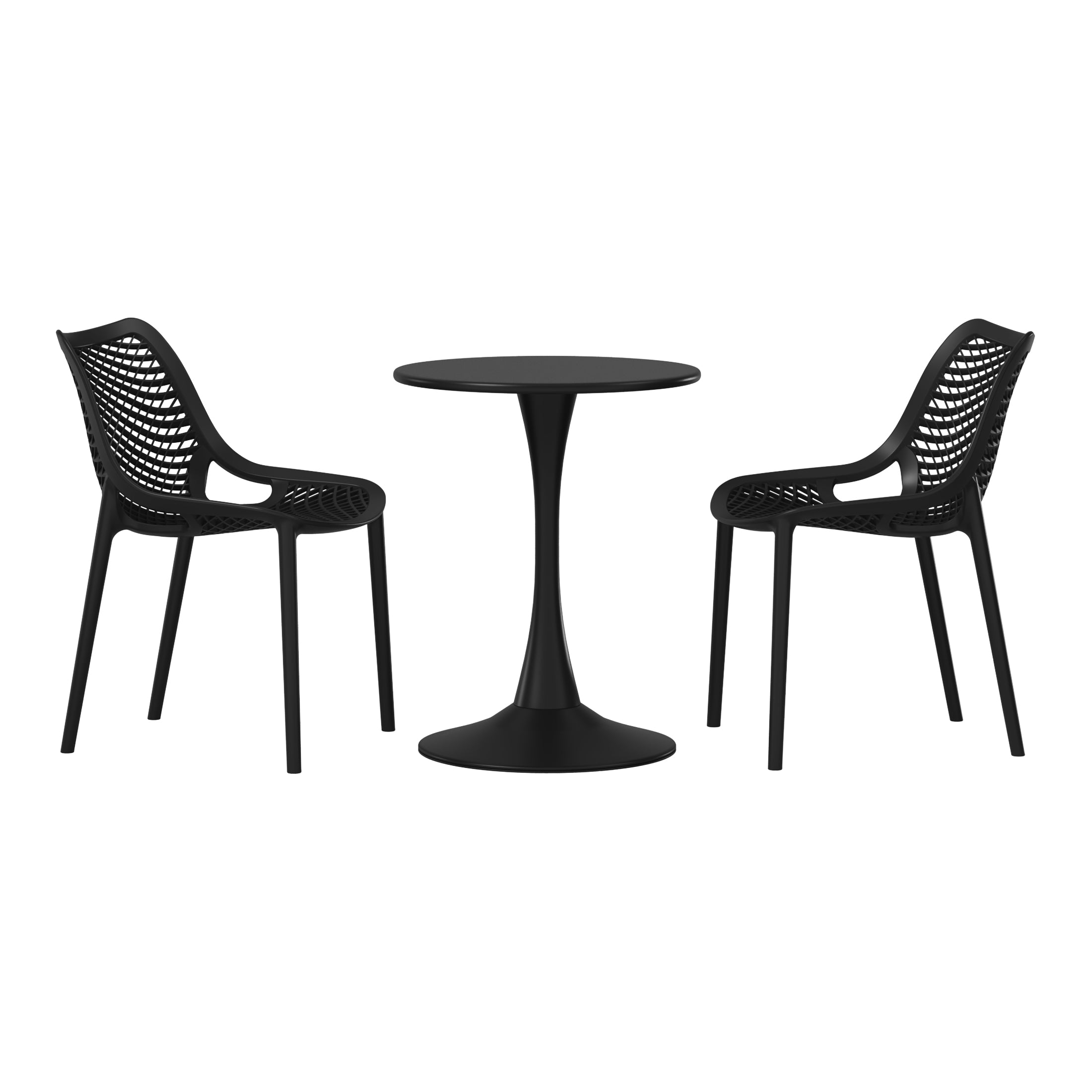 Sunshine 3-Piece Outdoor Round Metal Dining Table Set And Stackable Resin Patio Dining Side Chairs