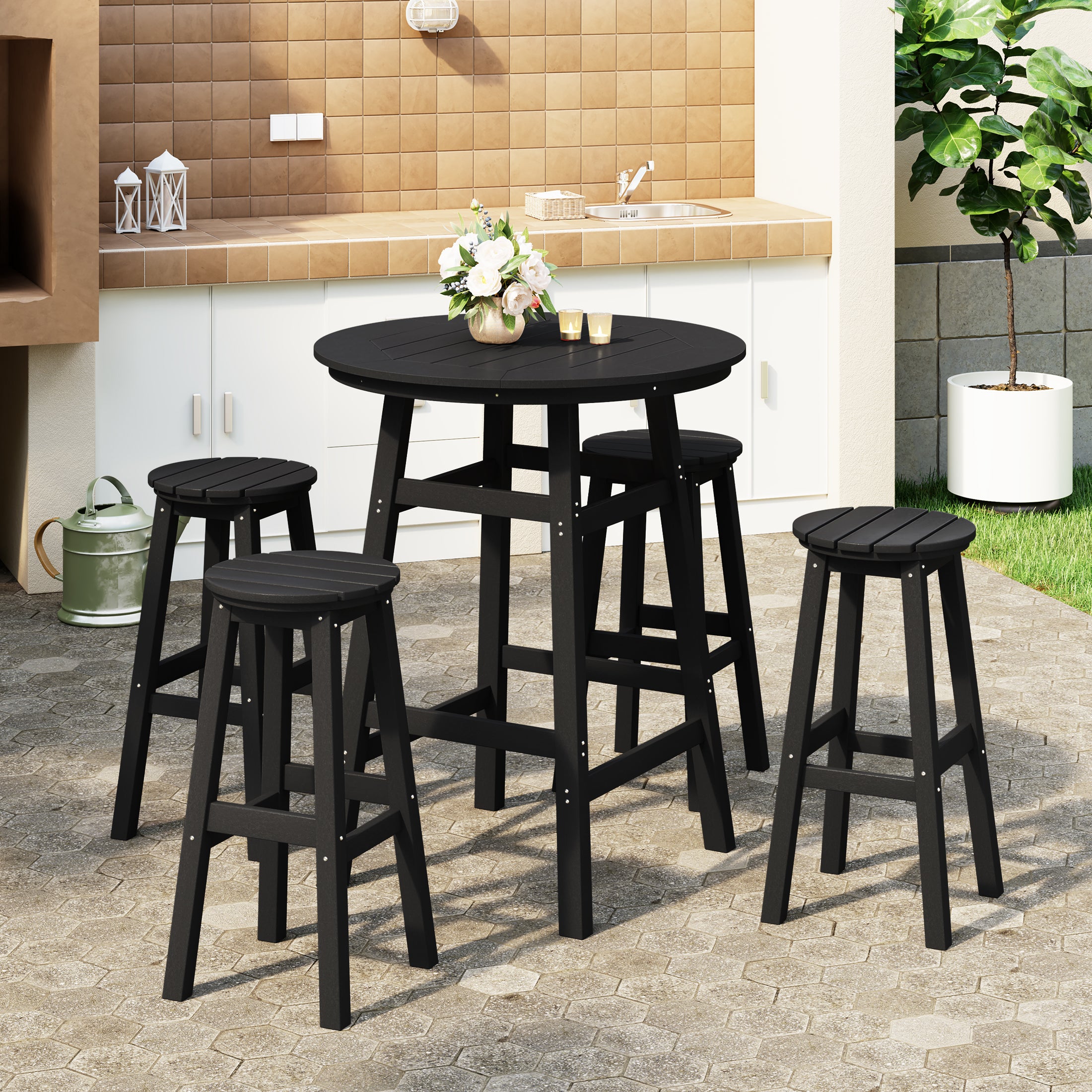 Paradise 5-Piece HDPE Outdoor Patio Dining Bar Bistro Table Set with Bar Stools