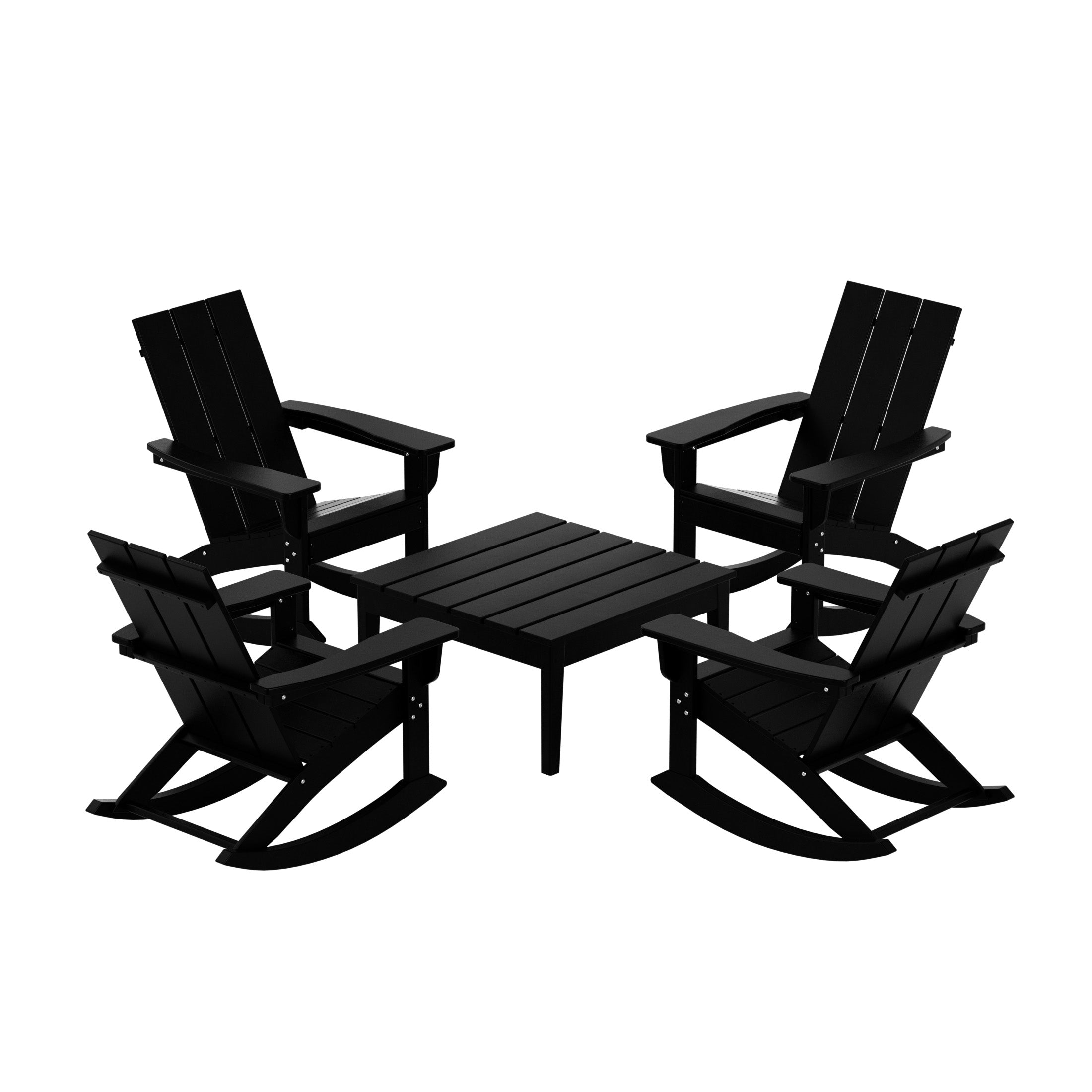 Palms 5-Piece Set Modern Plastic Outdoor Rocking Chairs with Square Side Table
