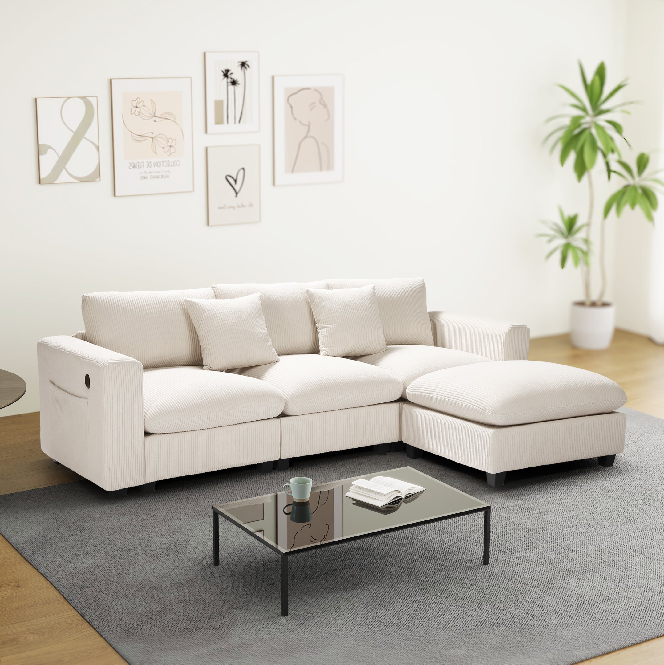 Ava 99" Modular Corduroy L-Shaped Sectional Sofa and Chaise With USB/Type-C Ports and Side Pockets