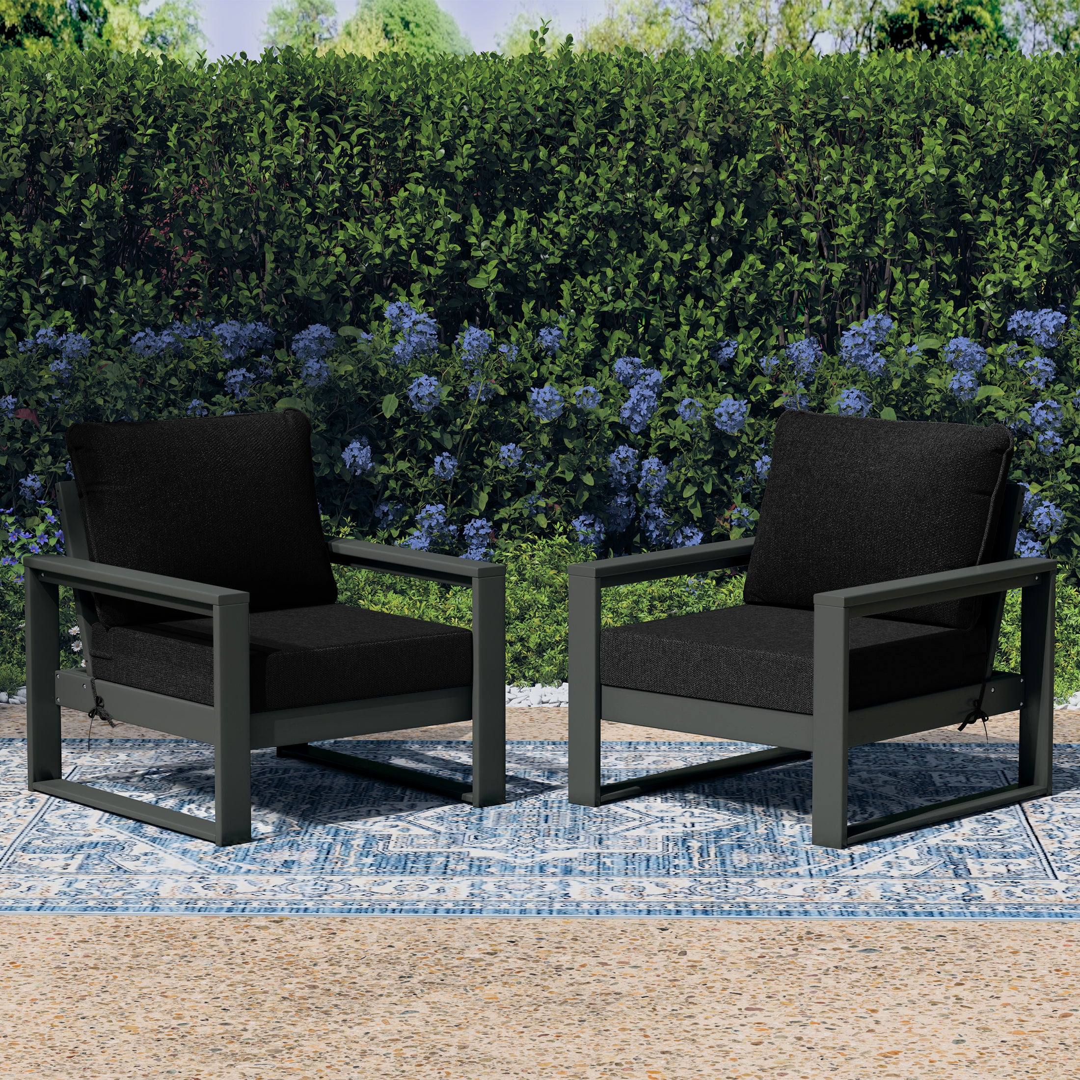 Rockaway Outdoor Modern HDPE Patio Club Chair with Waterproof Deep Seat Cushions (Set of 2)