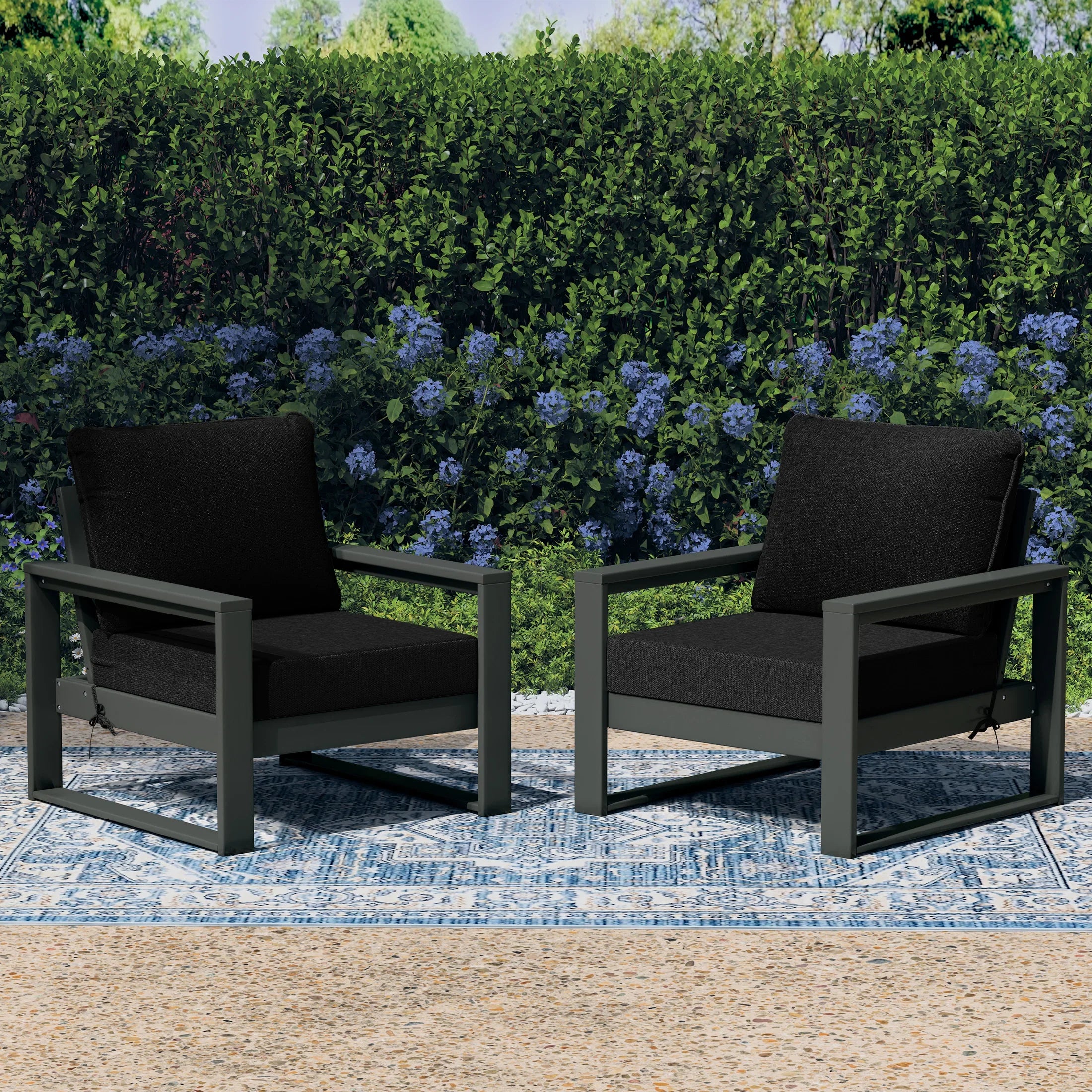 Rockaway Outdoor Modern HDPE Patio Club Chair with Waterproof Deep Seat Cushions (Set of 2)