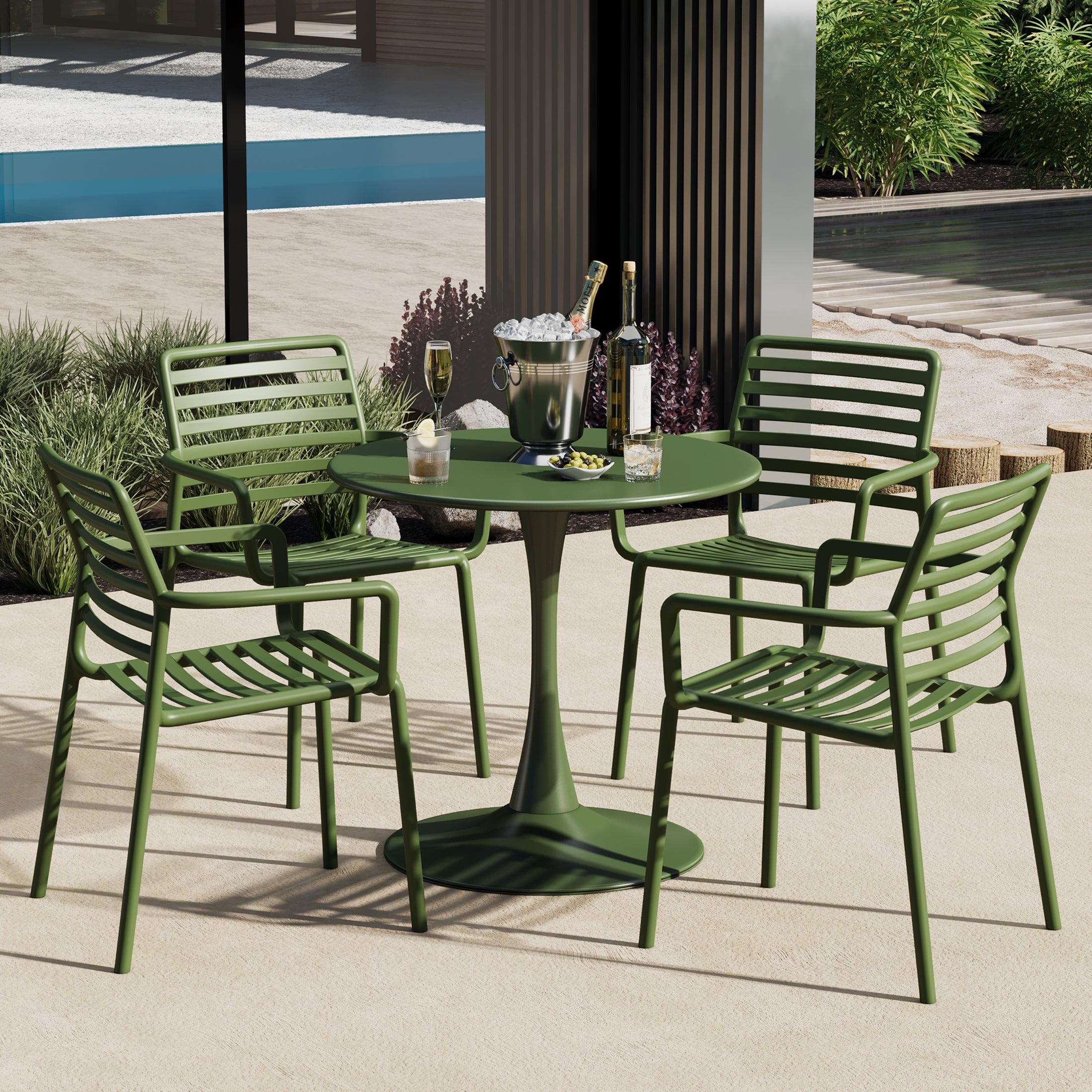 Sunshine 5-Piece Indoor Outdoor Metal Patio Dining Table Set With Stackable Plastic Patio Arm Chairs