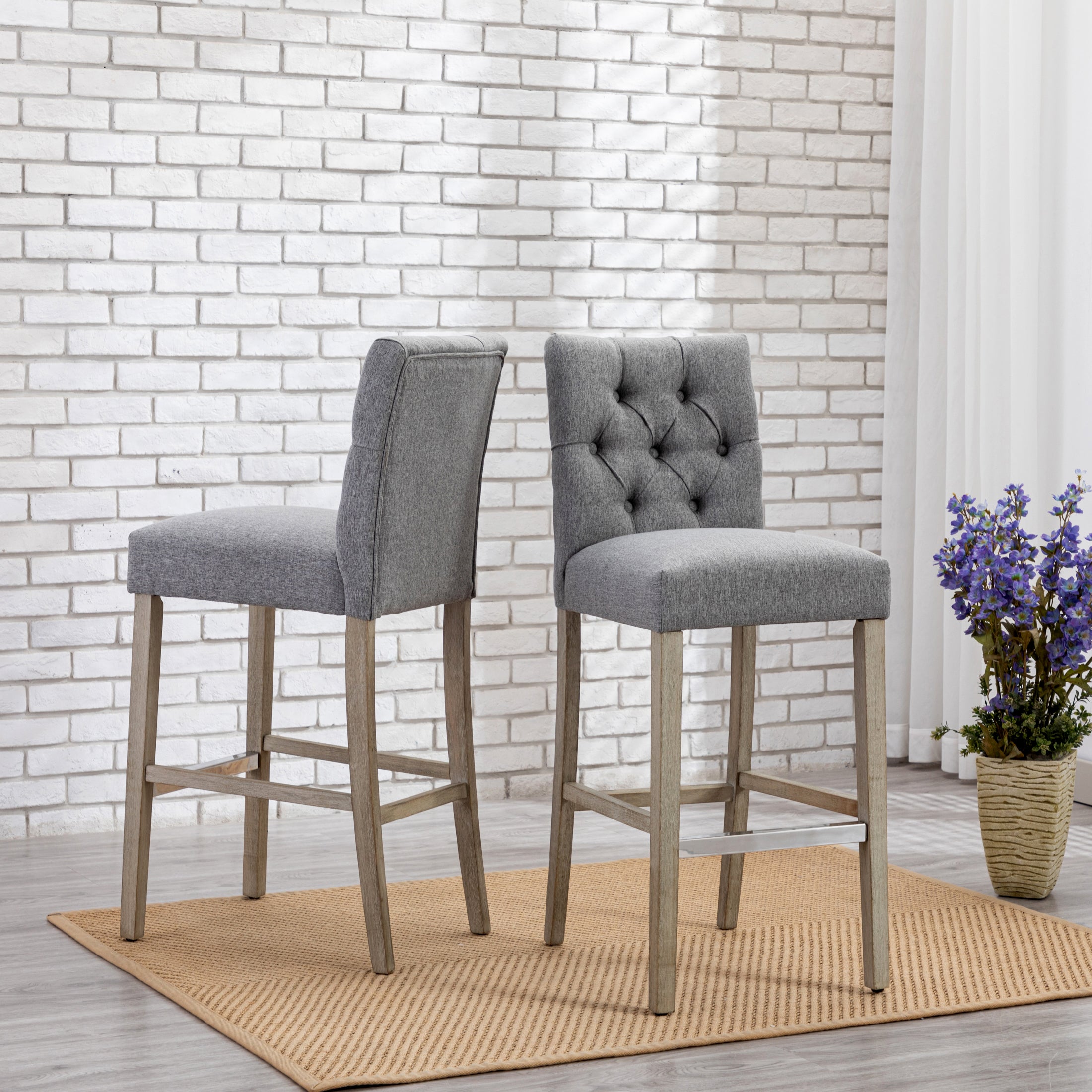 Bellmount 29" Linen Fabric Tufted Counter Stool (Set of 2),Antique Gray