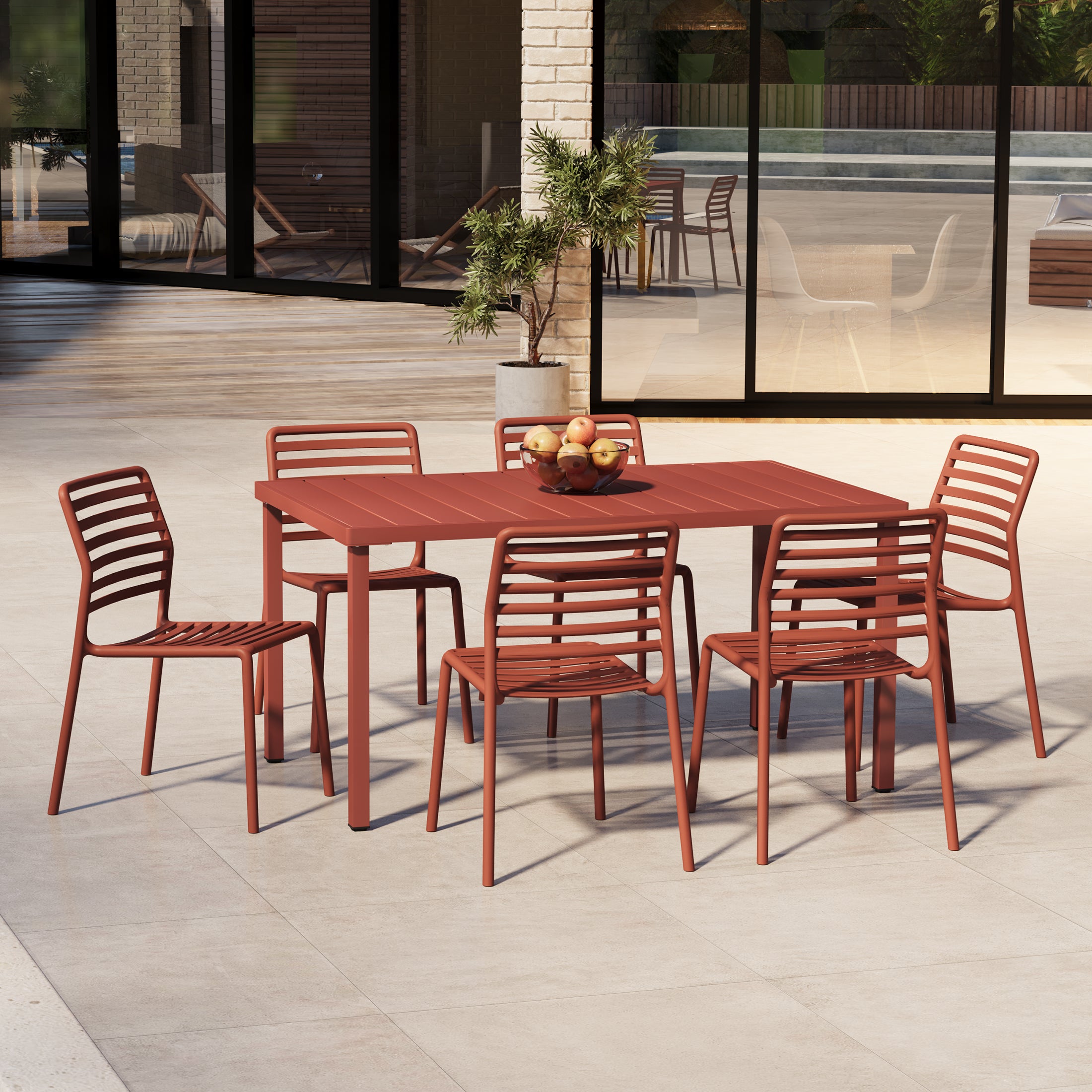 Sunshine 7-Piece Metal Rectangular Patio Dining Table Set With Stackable Plastic Dining Chairs For 6