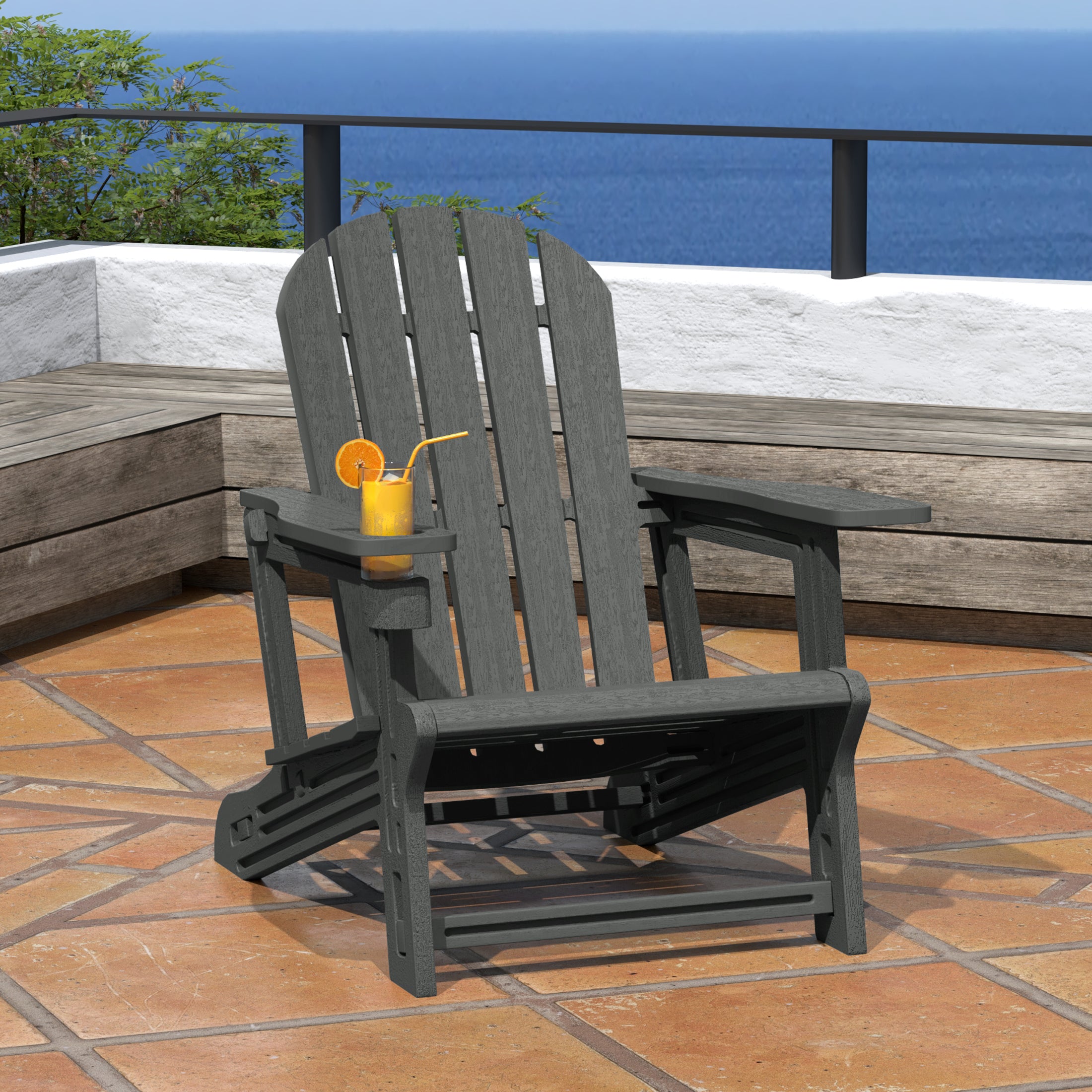 Cayman Tool-Free Assembly Outdoor Patio HDPE Plastic Adirondack Chair with Cup Holder