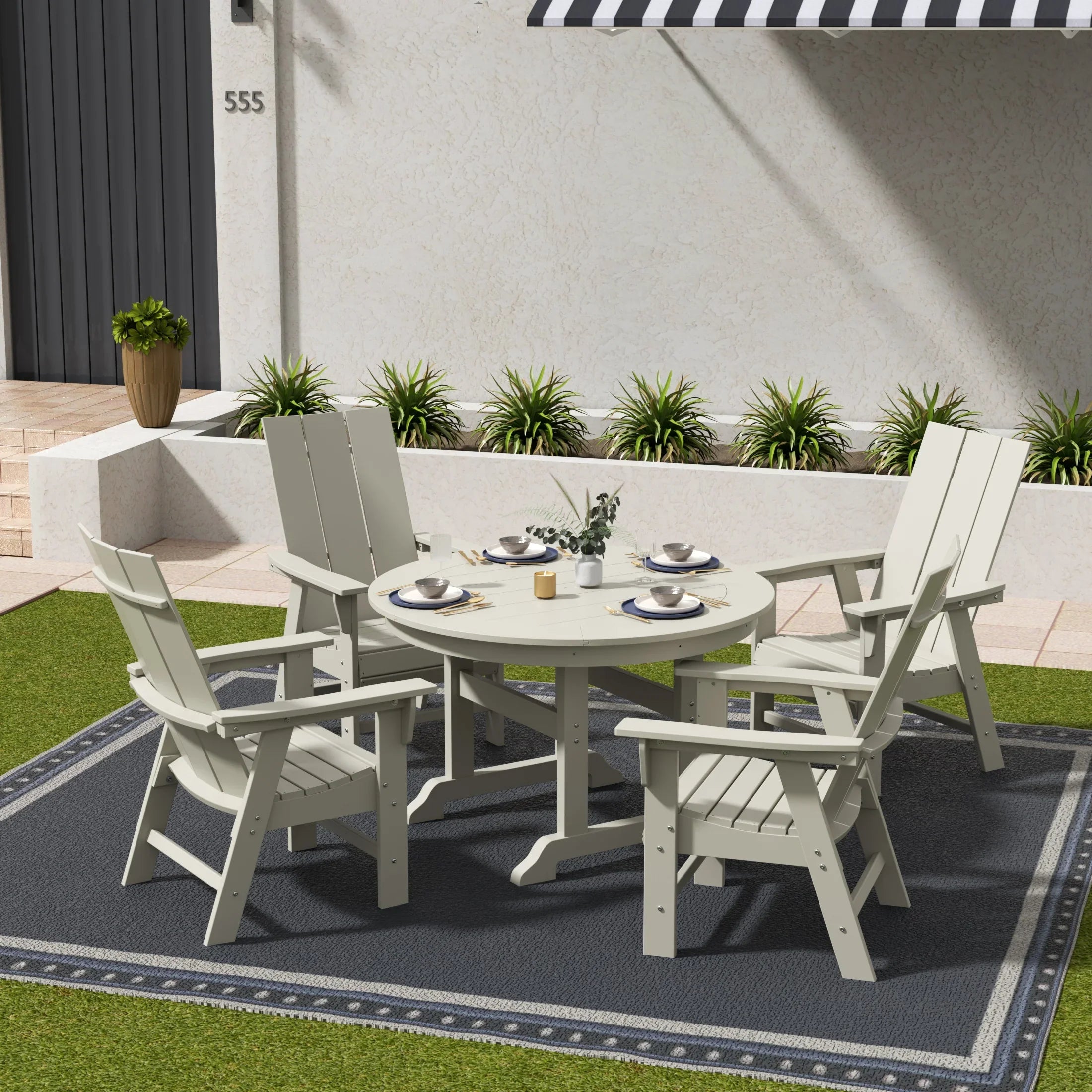 Palms 5 Piece Outdoor Patio Dining Round Table and Modern Armchair Set