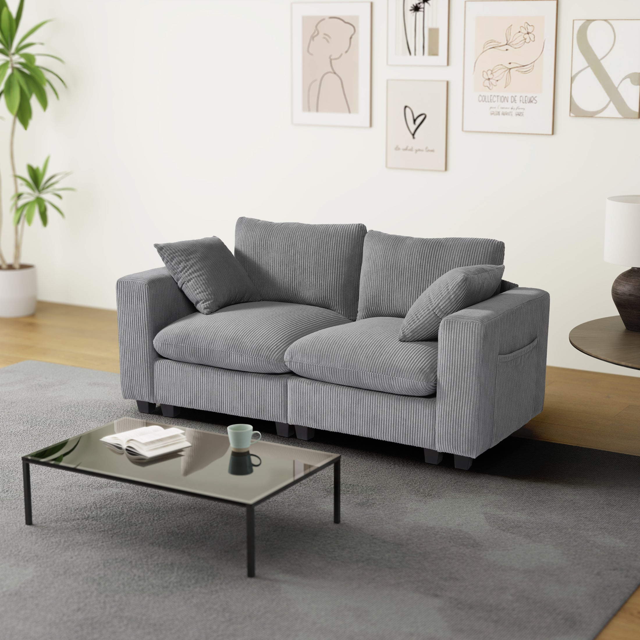 Ava 70" Modular Corduroy Loveseat Sofa With USB/Type-C Ports and Side Pockets