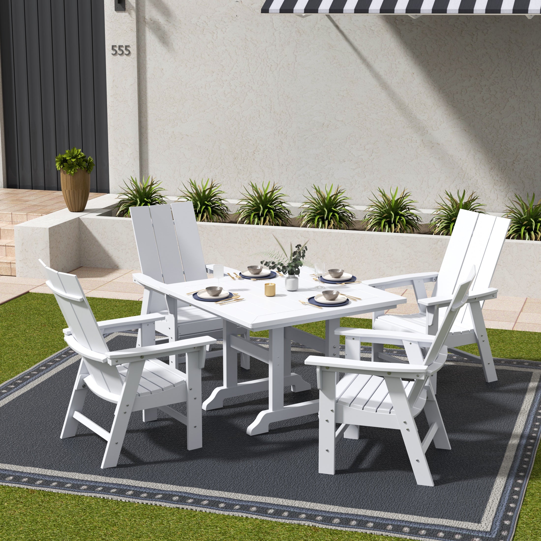 Palms 5 Piece Outdoor Patio Dining Square Table and Modern Armchair Set