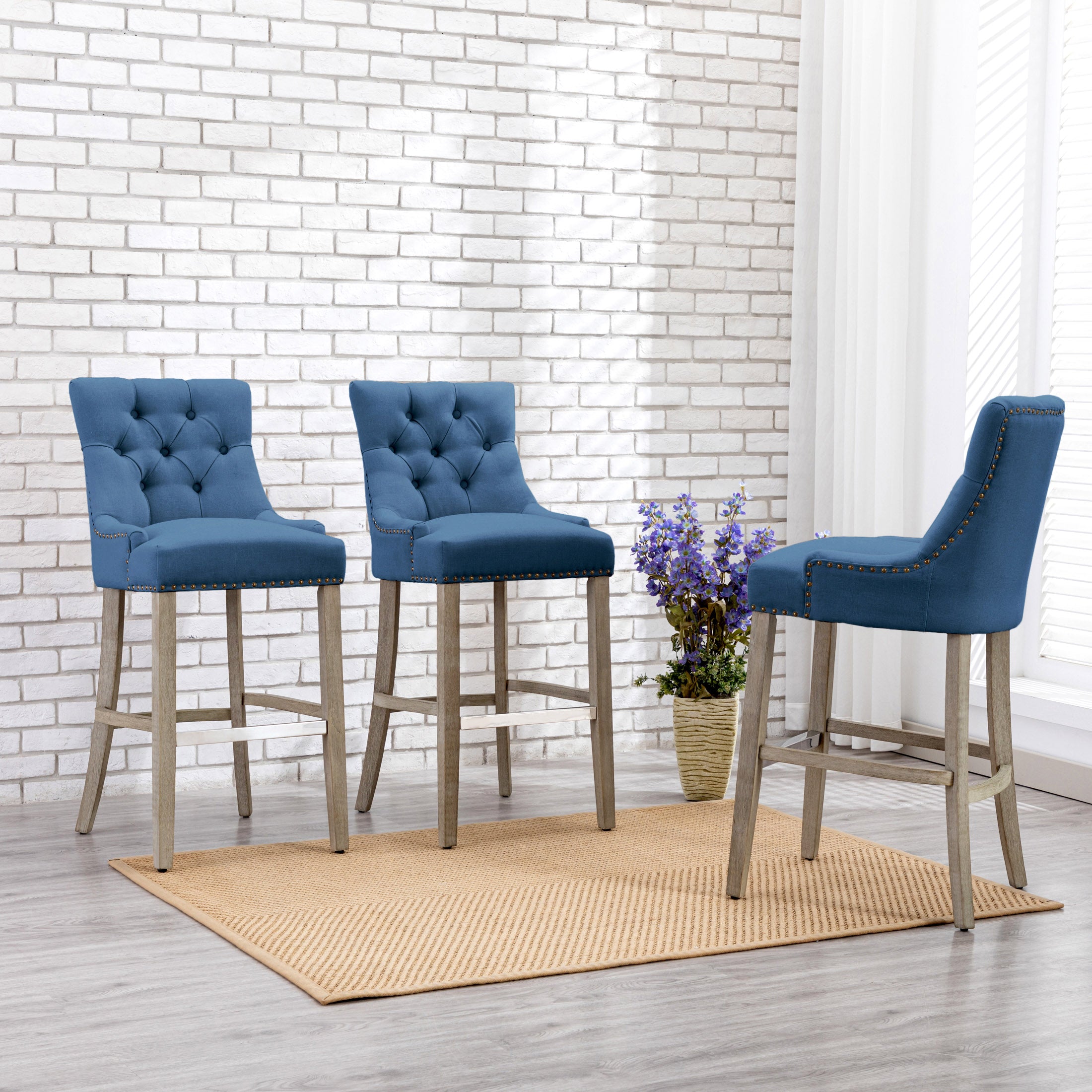 Bellmount 29" Upholstered Wood Bar Stool with Tufted Back (Set of 3)