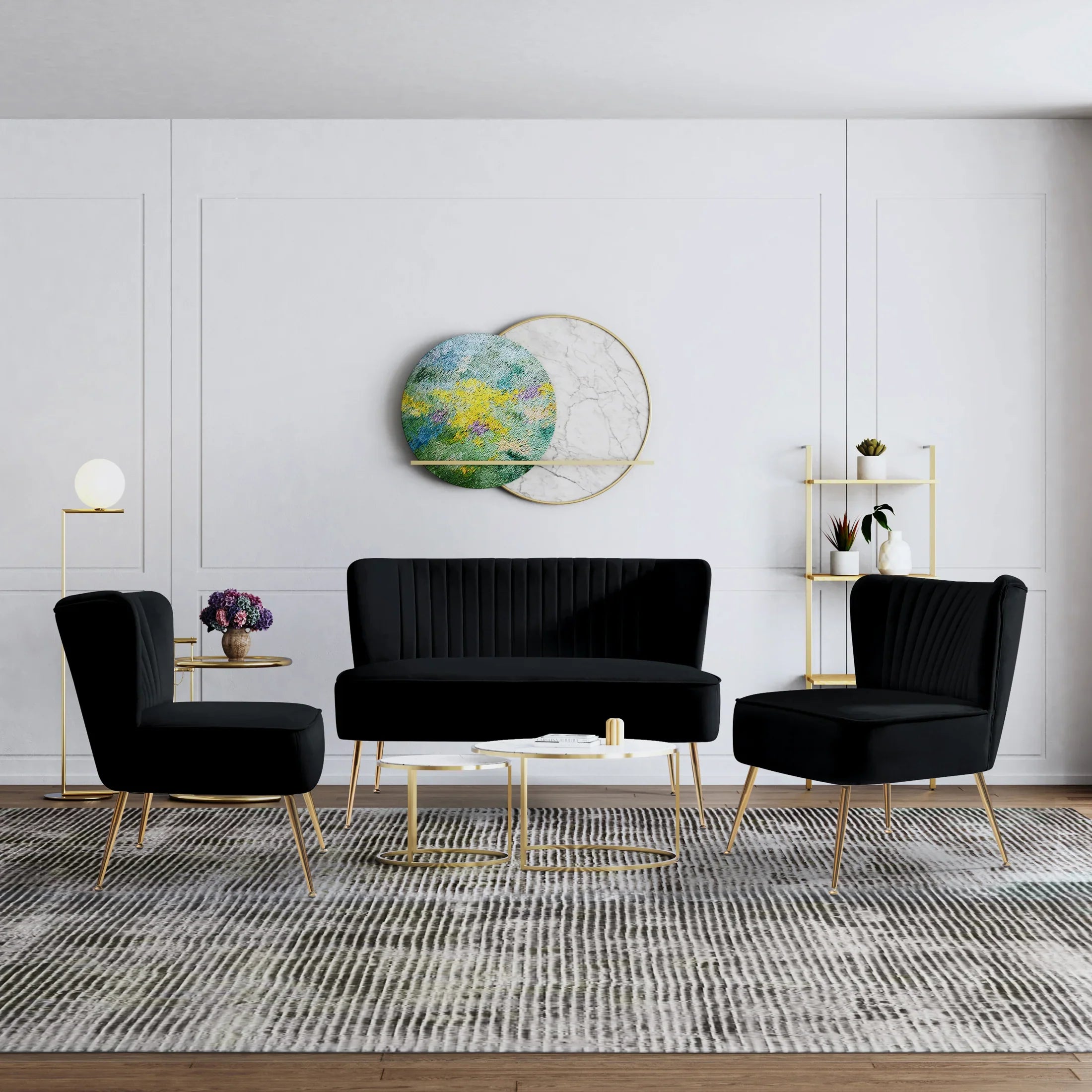 Alaia Mid Century Modern Tufted Velvet Loveseat Sofa and 25" Accent Chair 3-Piece Set
