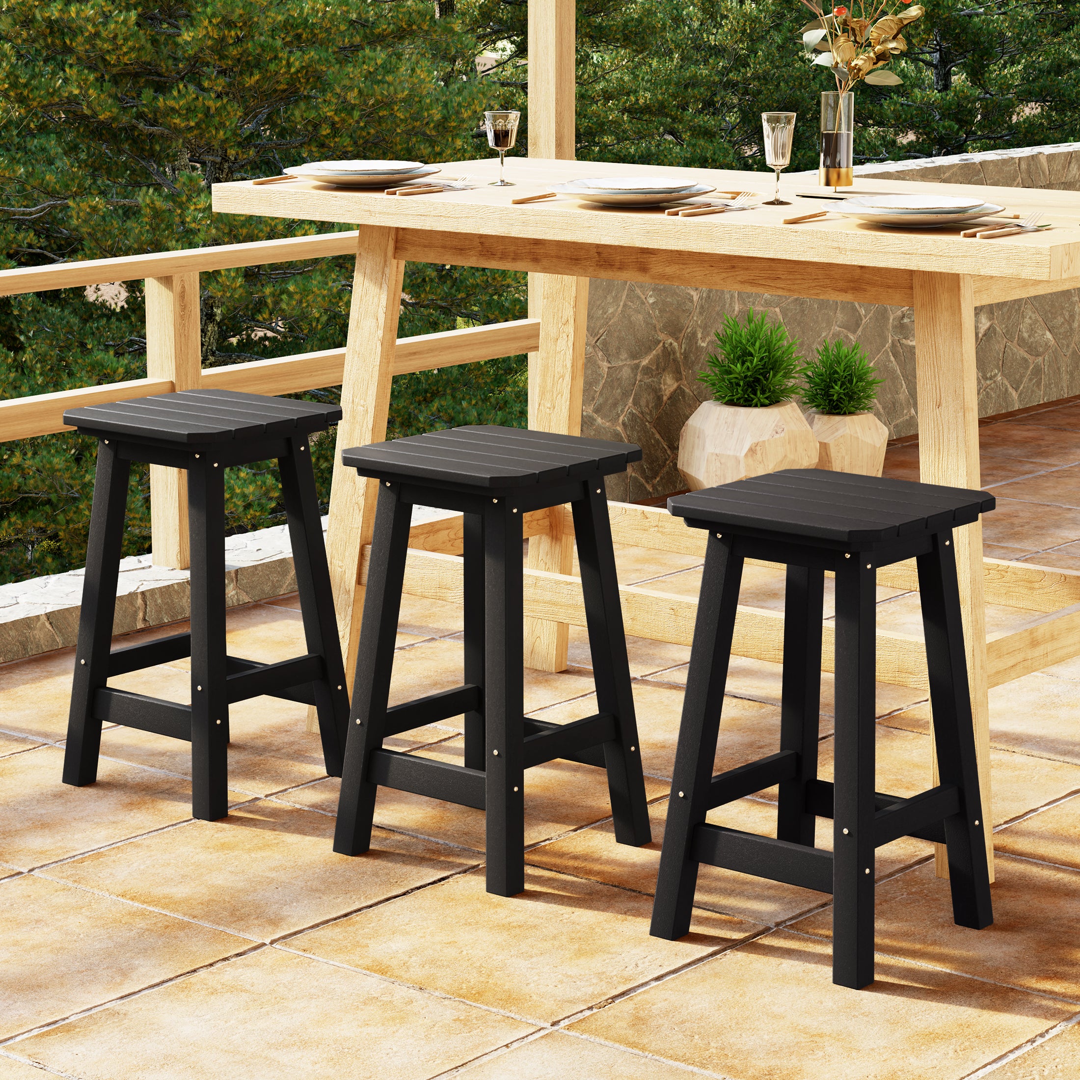 Paradise 24" HDPE Outdoor Patio Counter High Backless Square Bar Stools Set of Three