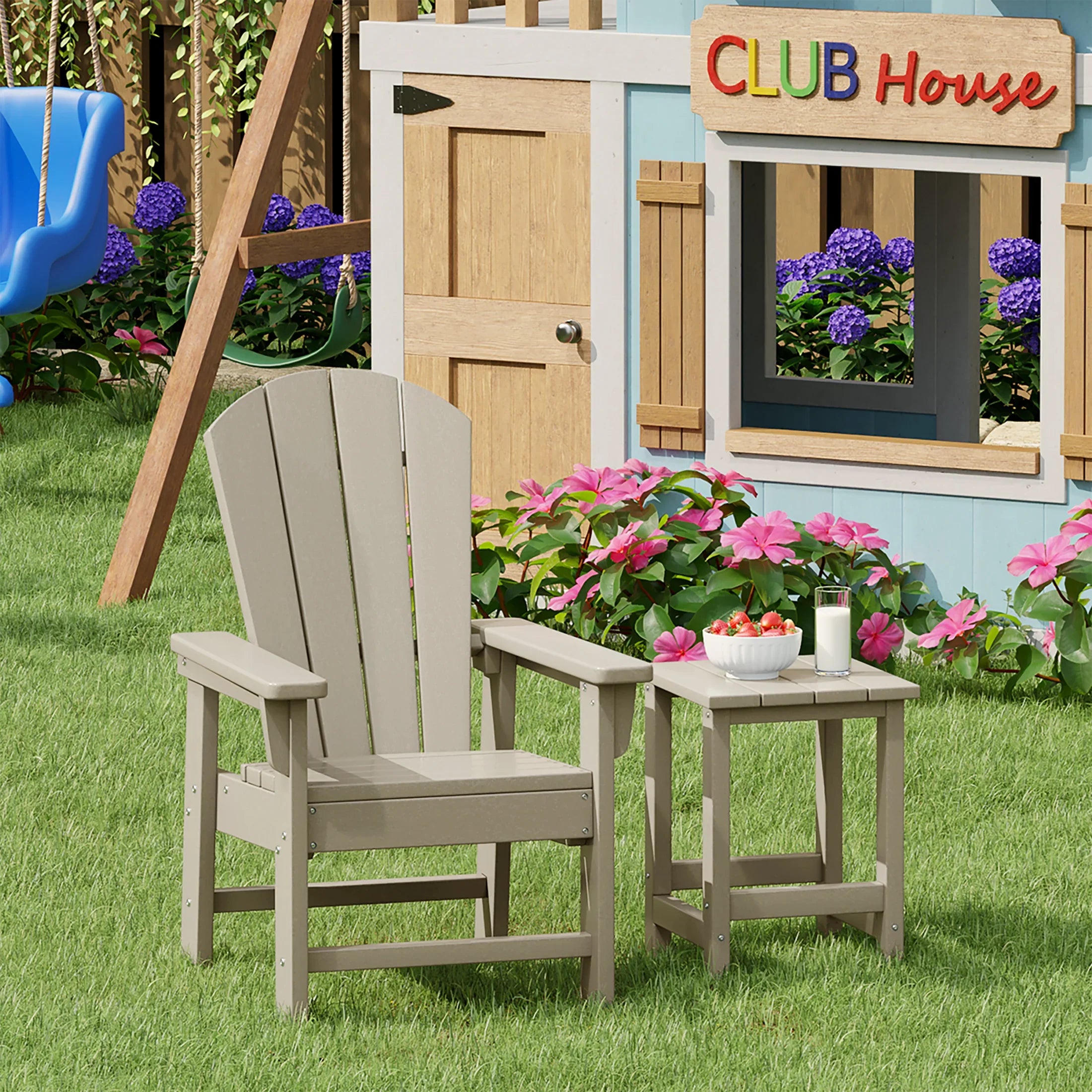 Paradise 2-Piece Kids Outdoor HDPE Adirondack Chair With Square Side Table Set
