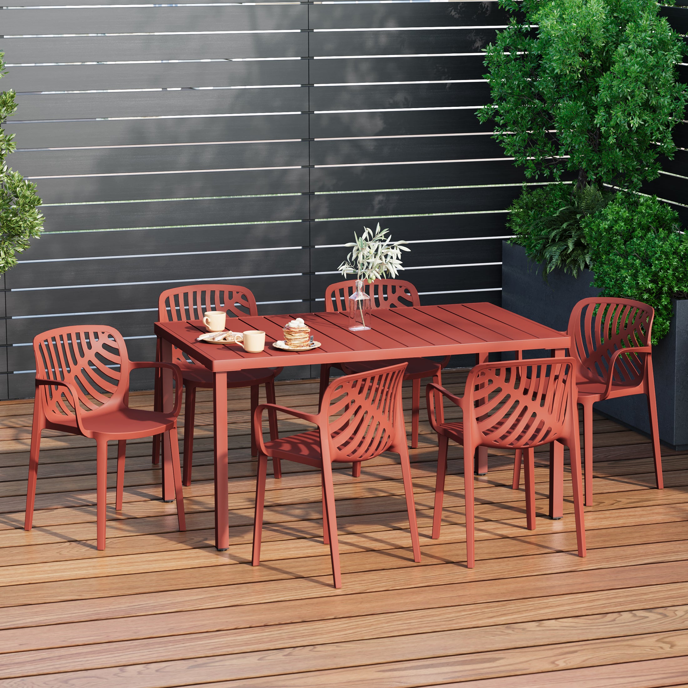 Sunshine 7-Piece Outdoor Metal Rectangle Patio Dining Table Set With Stackable Resin Patio Dining Chairs