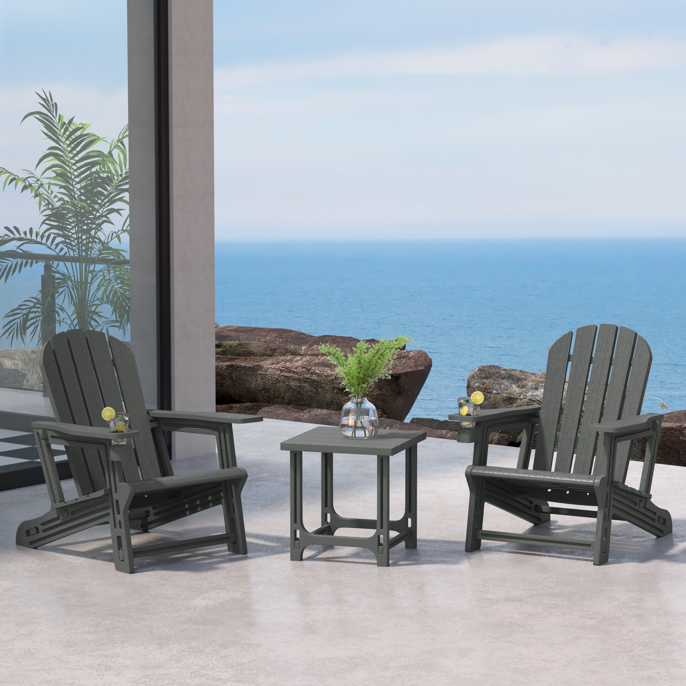 Cayman 3-Piece HDPE Plastic Adirondack Patio Chairs With 18" Square Side Table Set