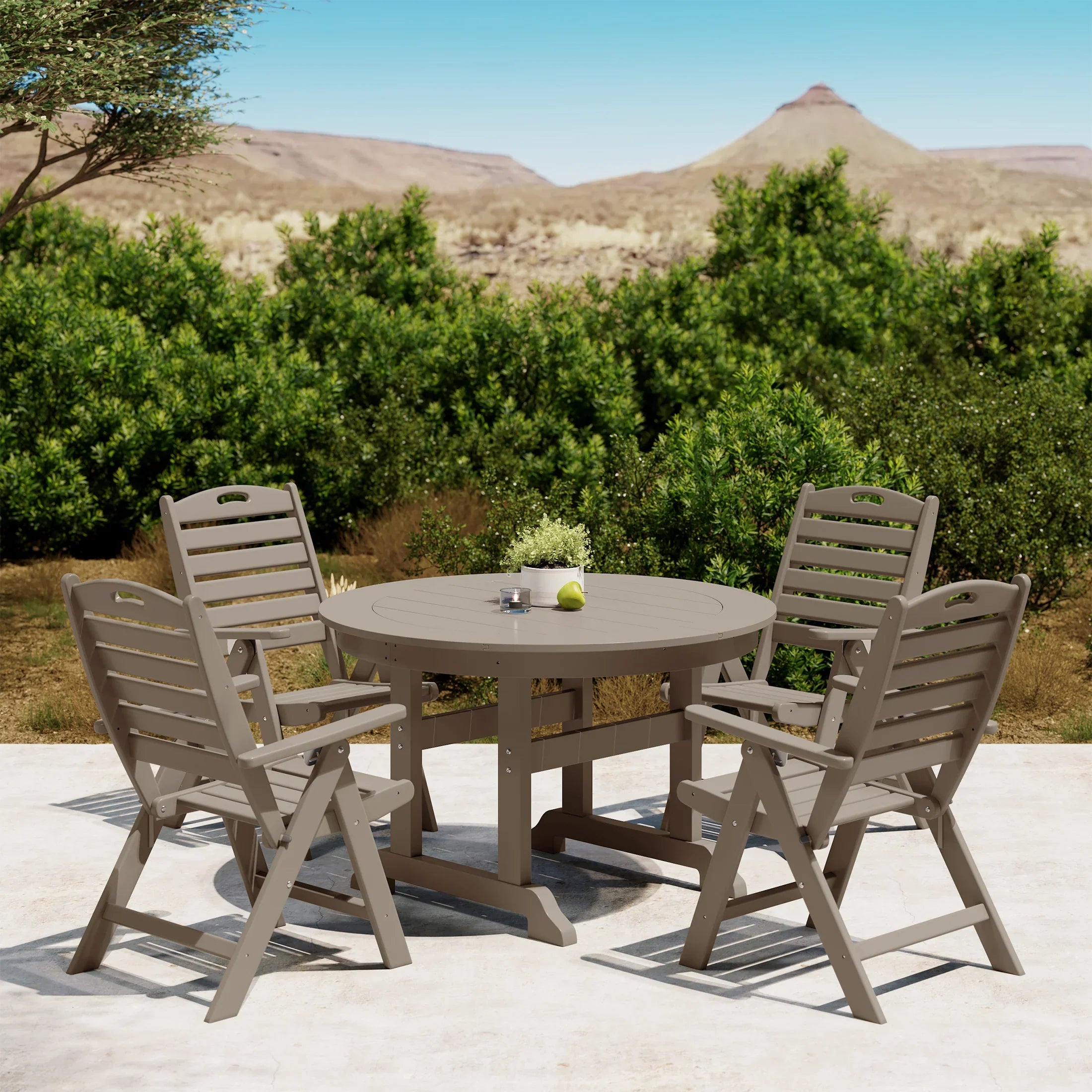 Paradise 5-Piece HDPE Round Patio Dining Table Set with Foldable Chairs
