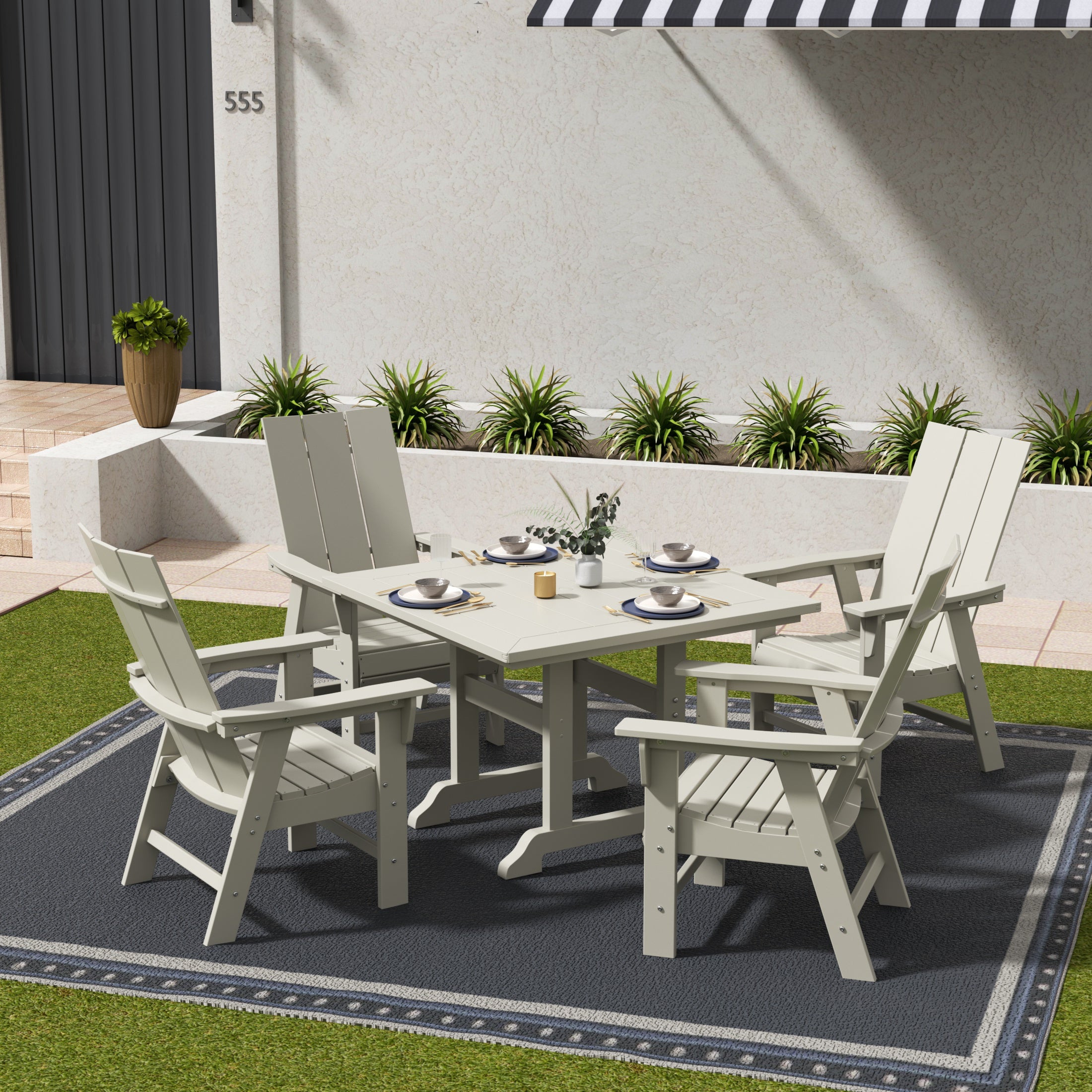 Palms 5 Piece Outdoor Patio Dining Square Table and Modern Armchair Set