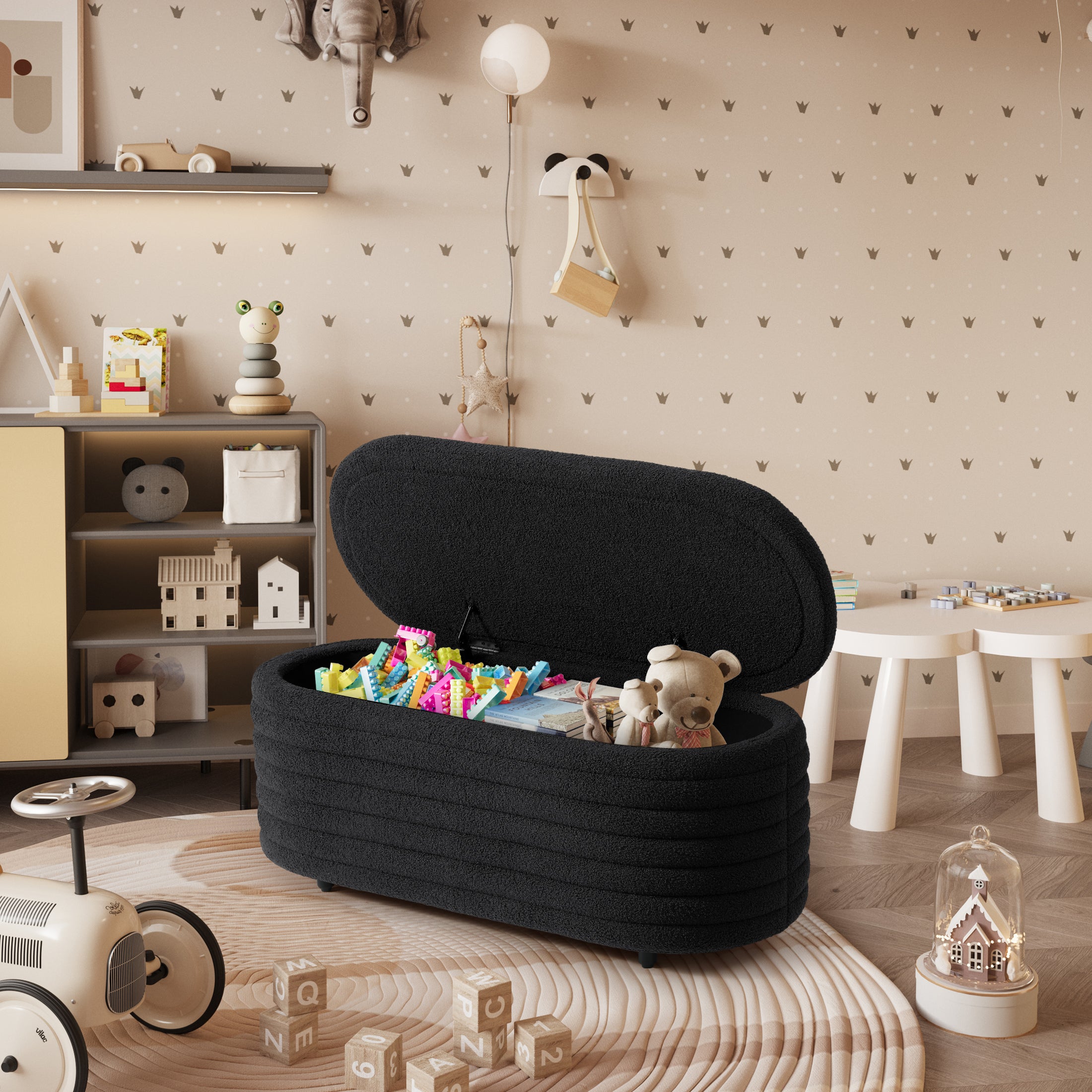 Celine 42" Wide Mid-Century Modern Upholstered Teddy Sherpa Tufted Oval Storage Ottoman Bench