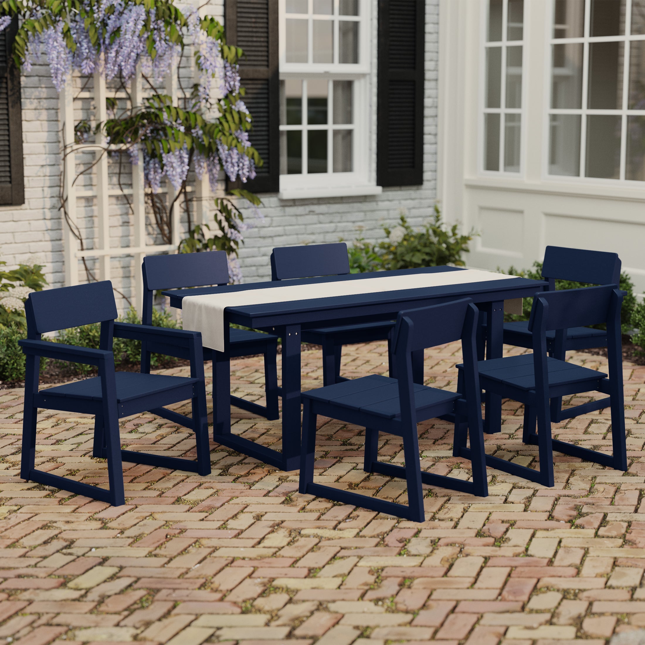 Cambria 7-Piece Modern HDPE Outdoor Patio Dining Table Set With Umbrella Hole