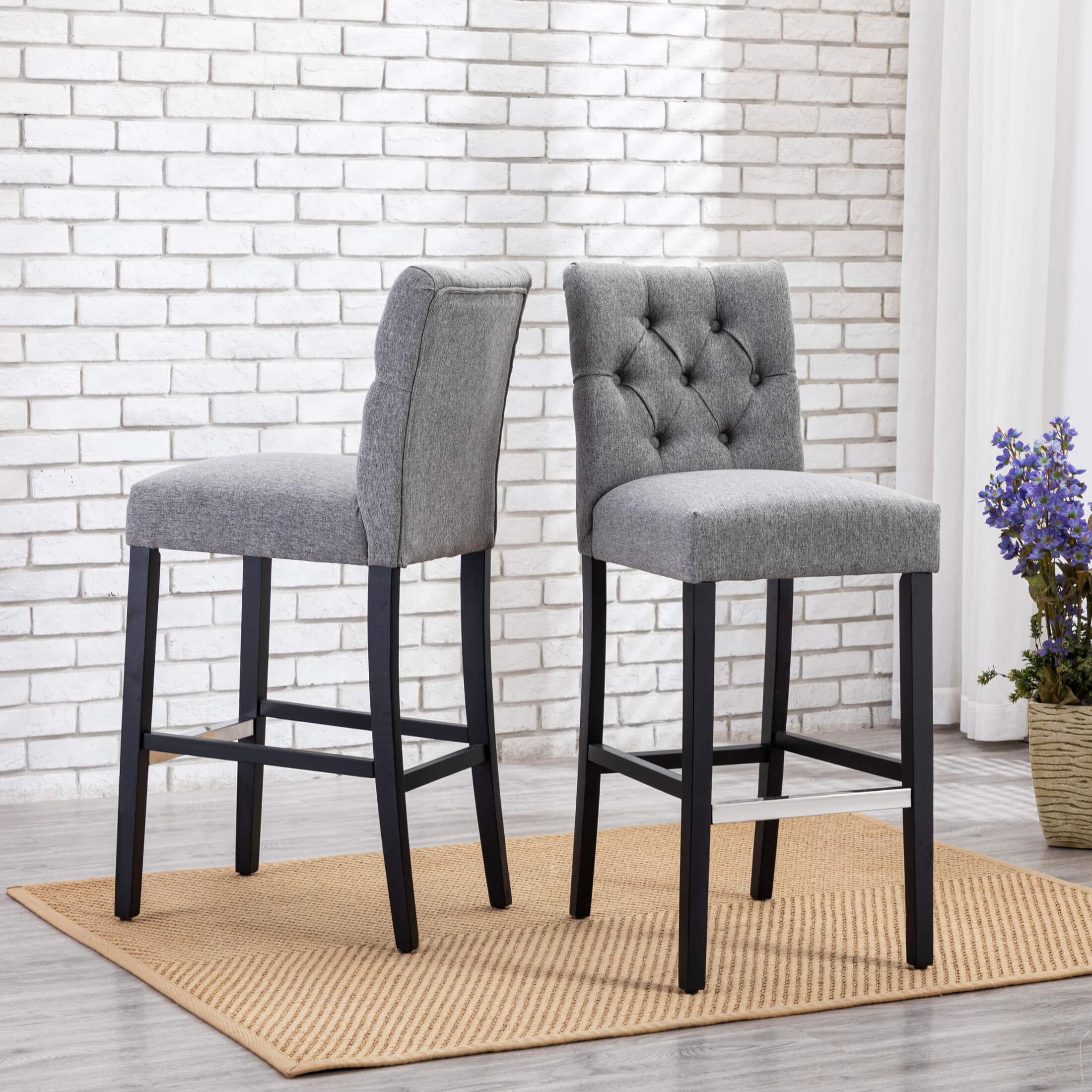 Bellmount 29" Linen Fabric Tufted Bar Stool (Set of 2),Black