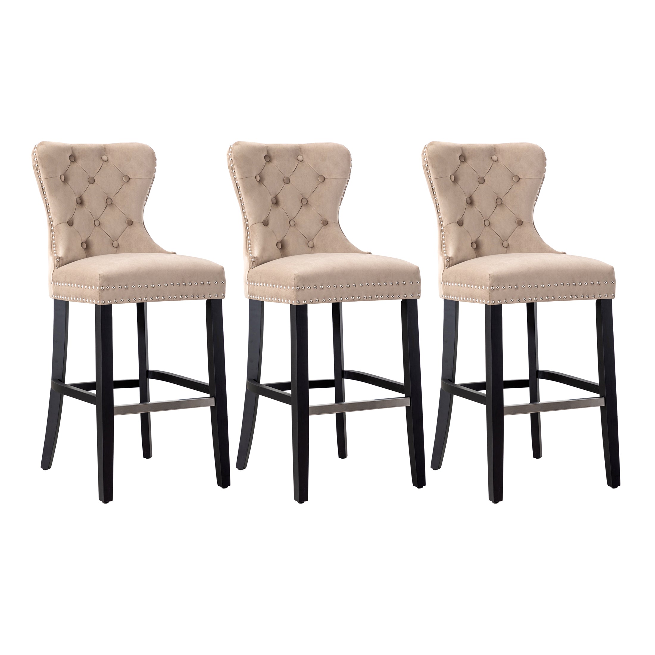 Hank 29" Tufted Velvet Bar Stool (Set of 3), Antique Gray