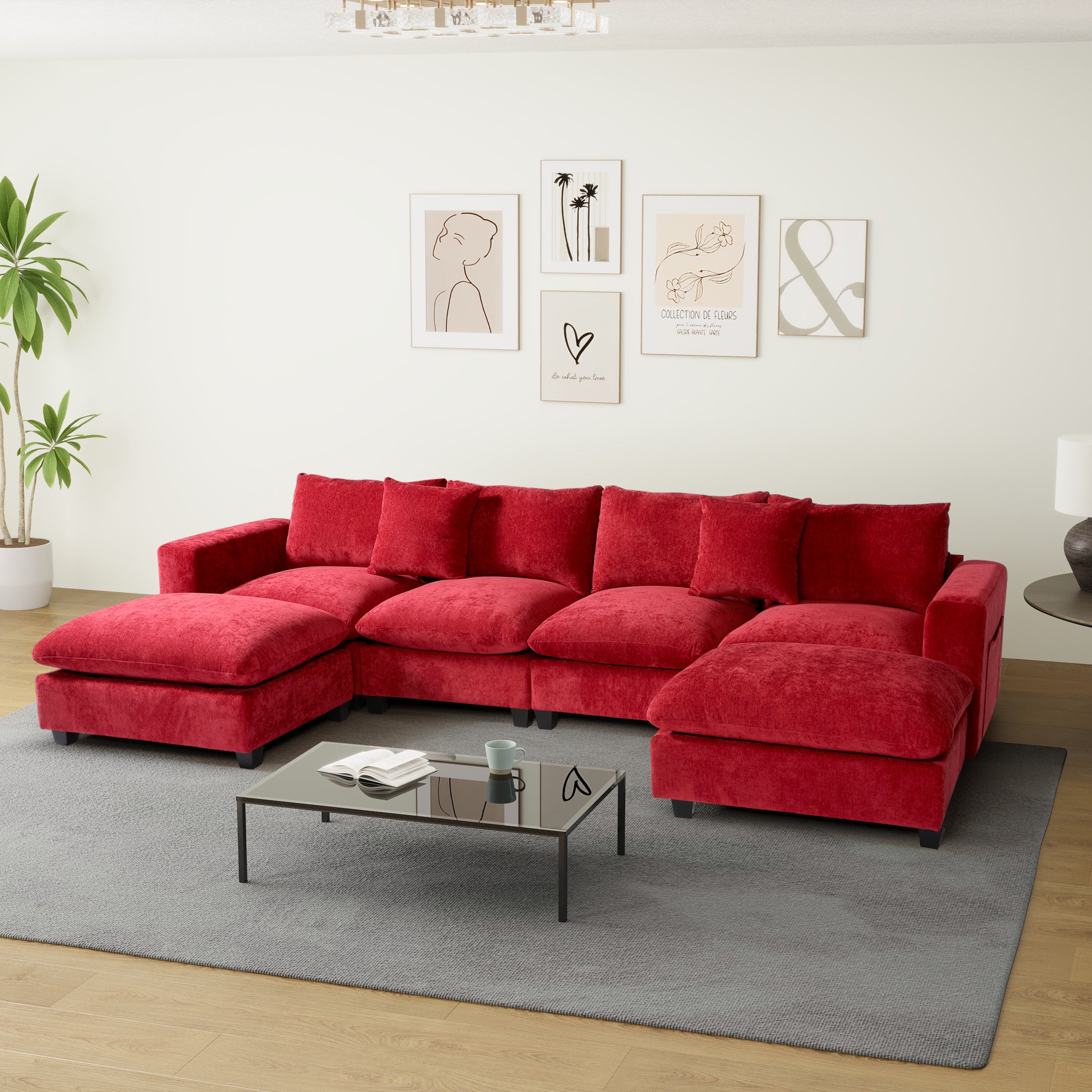 Springfield 128" Chenille Modular U-Shaped Sectional Couch and Chaise With USB/Type-C Ports and Side Pockets