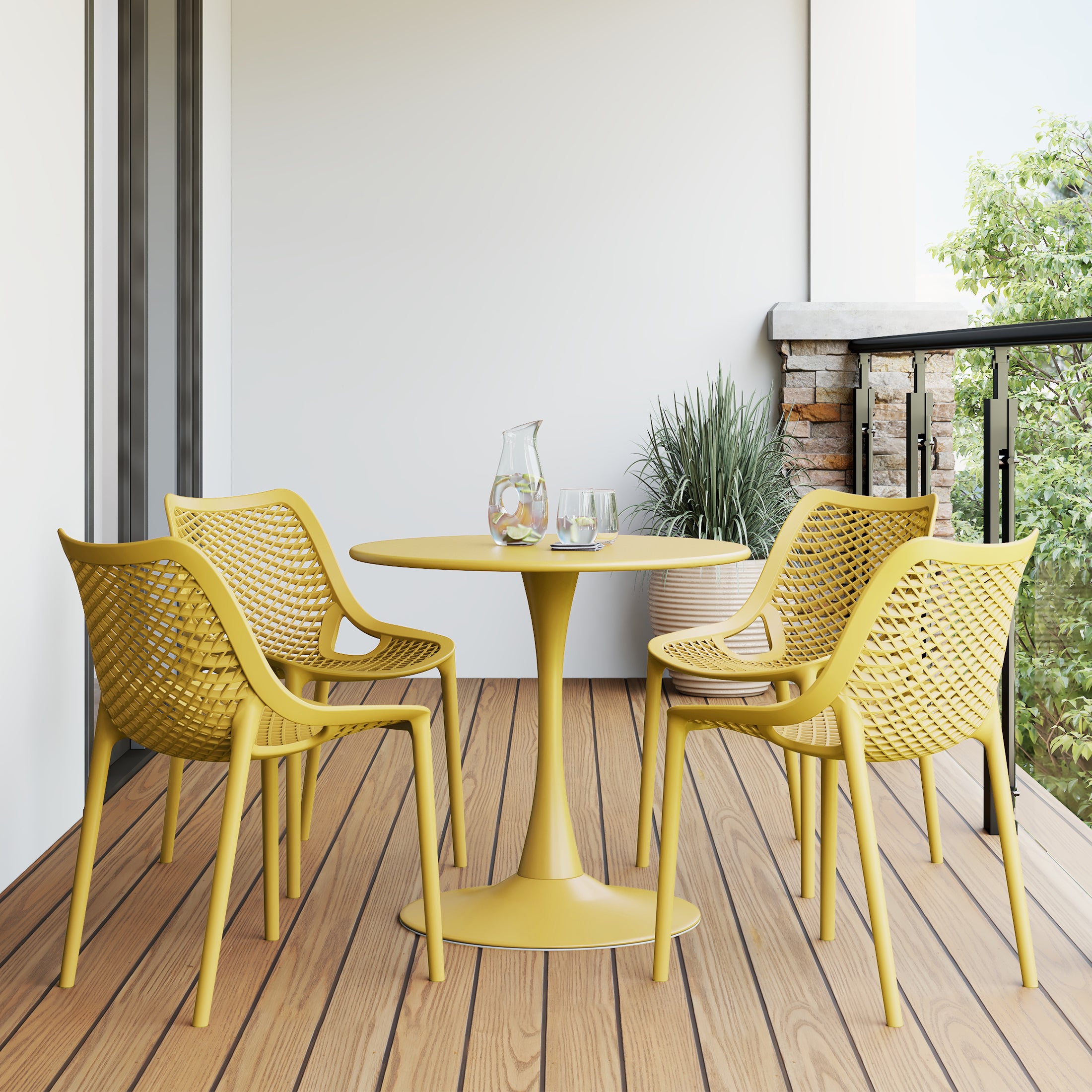 Sunshine 5-Piece Outdoor Indoor Round Metal Dining Table Set And Stackable Resin Patio Dining Side Chairs