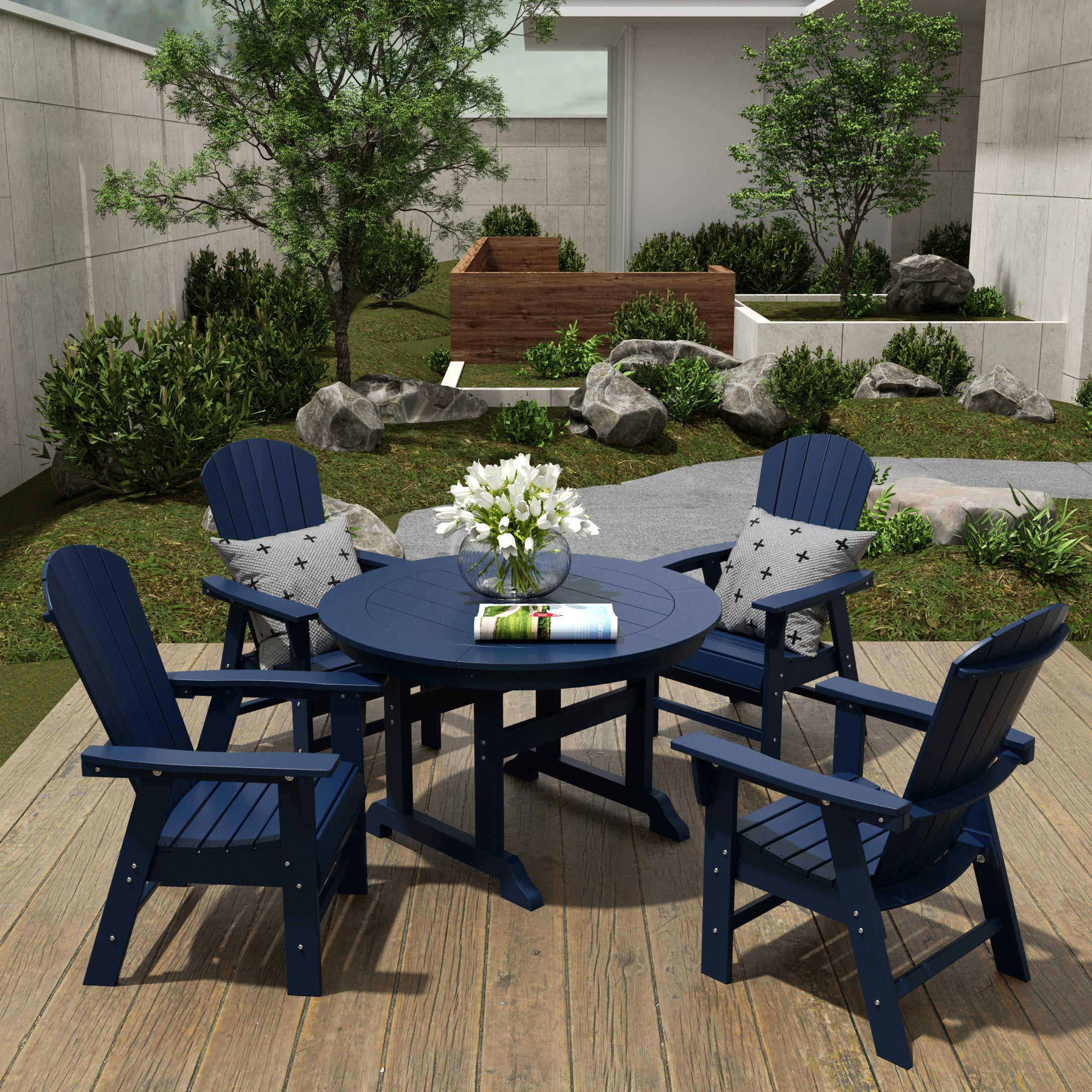 Portside 5 Piece Outdoor Patio Dining Round Table and Shell Back Armchair Set