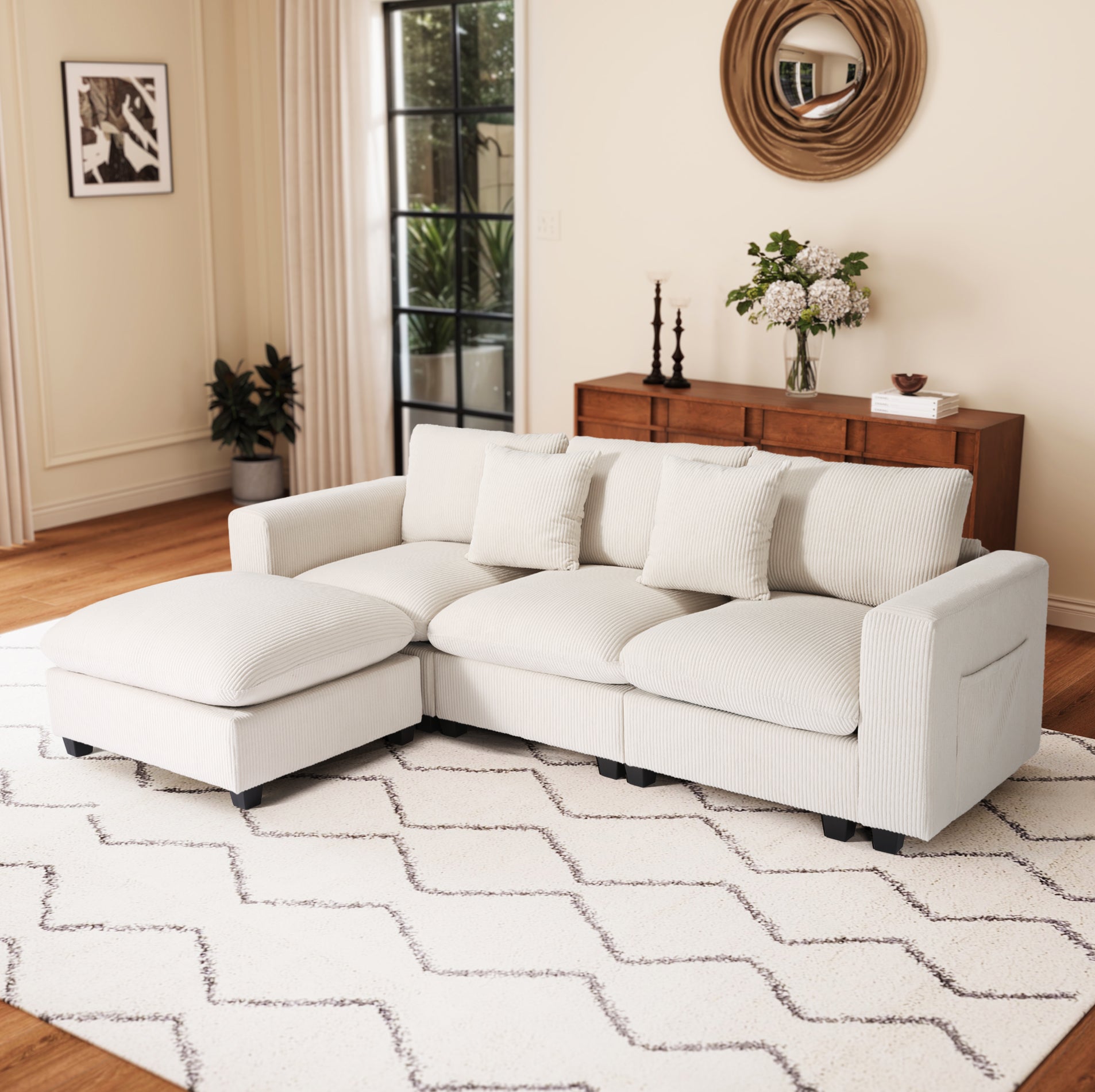 Ava 99" Modular Corduroy L-Shaped Sectional Sofa and Chaise With USB/Type-C Ports and Side Pockets