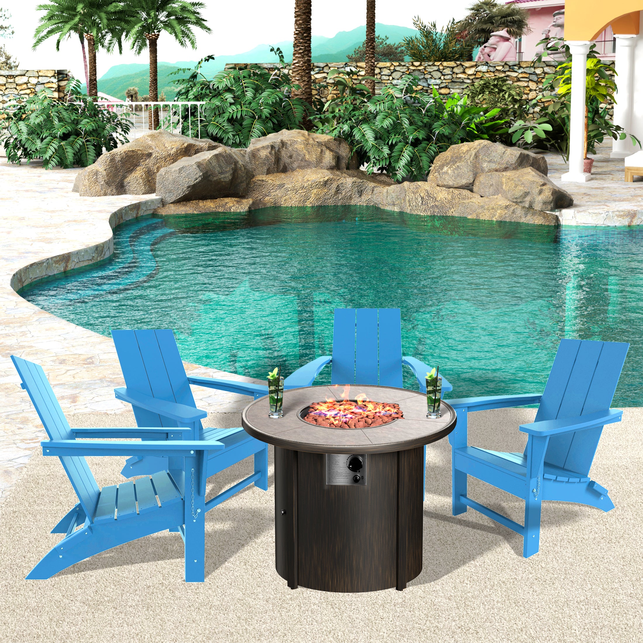 Palms Modern Folding Poly Adirondack Chair With Round Fire Pit Table