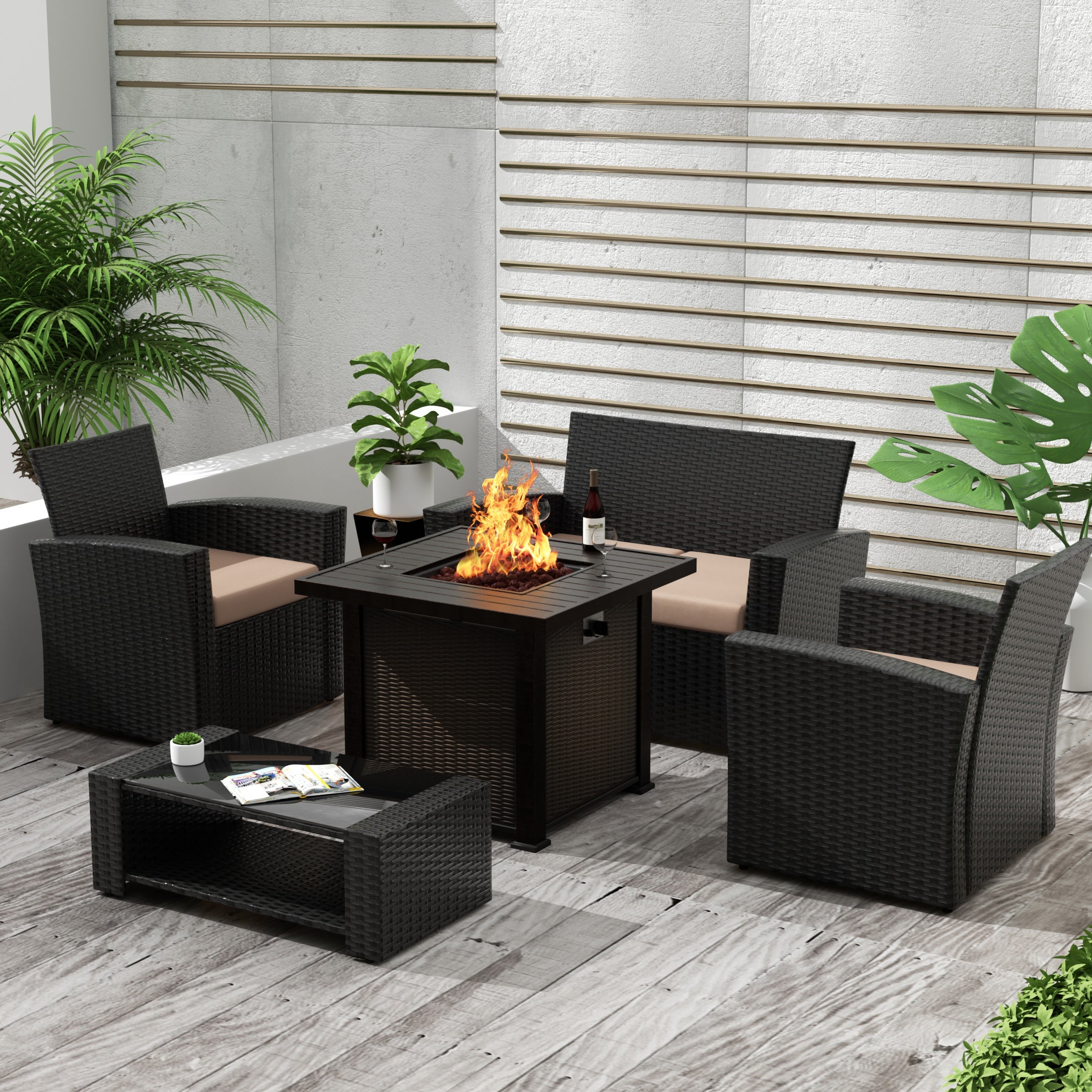 Wynston 4-Piece Conversation Outdoor Patio Sofa Set with Square Fire Pit Table