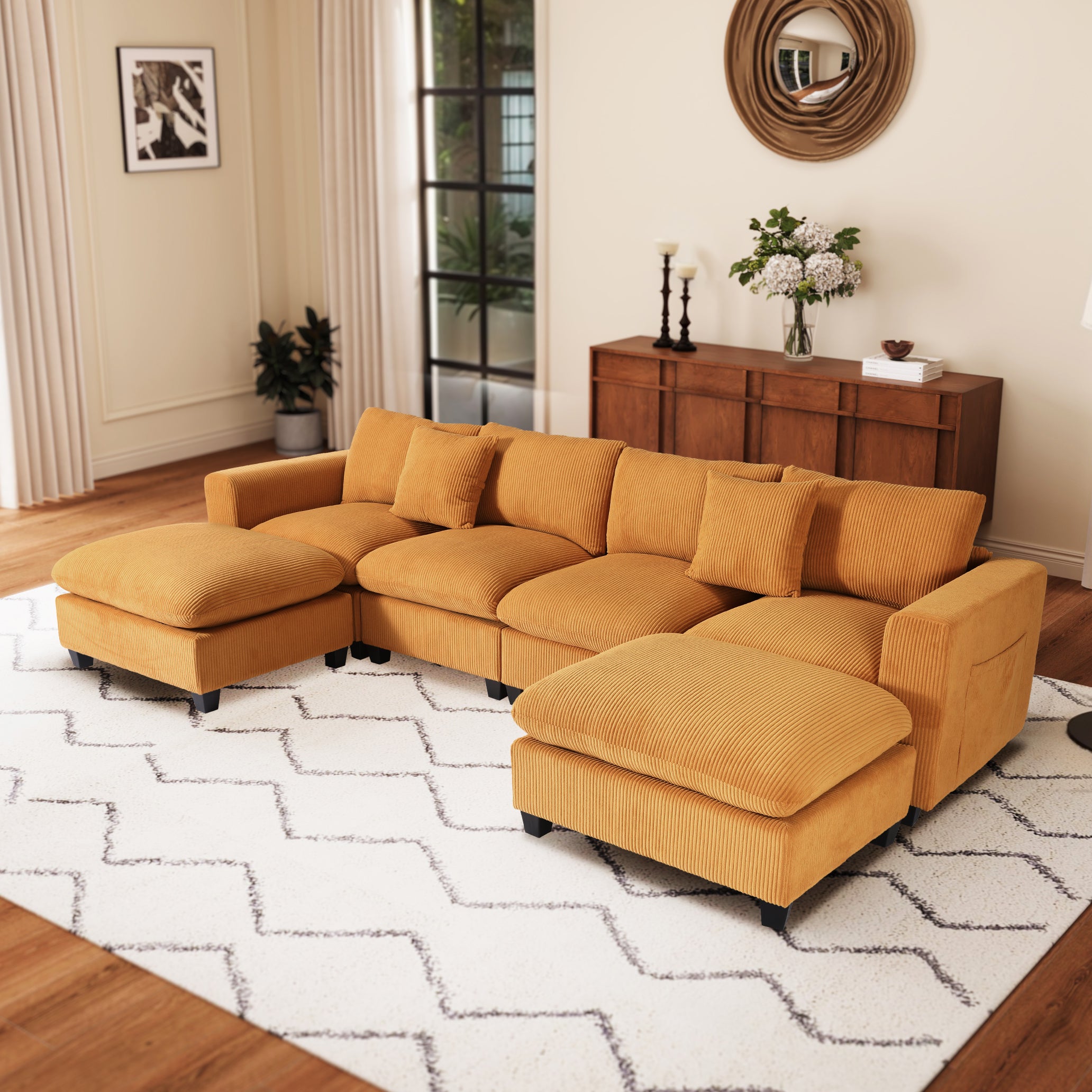 Ava 128" Corduroy Modular U-Shaped Sectional Couch and Chaise With USB/Type-C Ports and Side Pockets