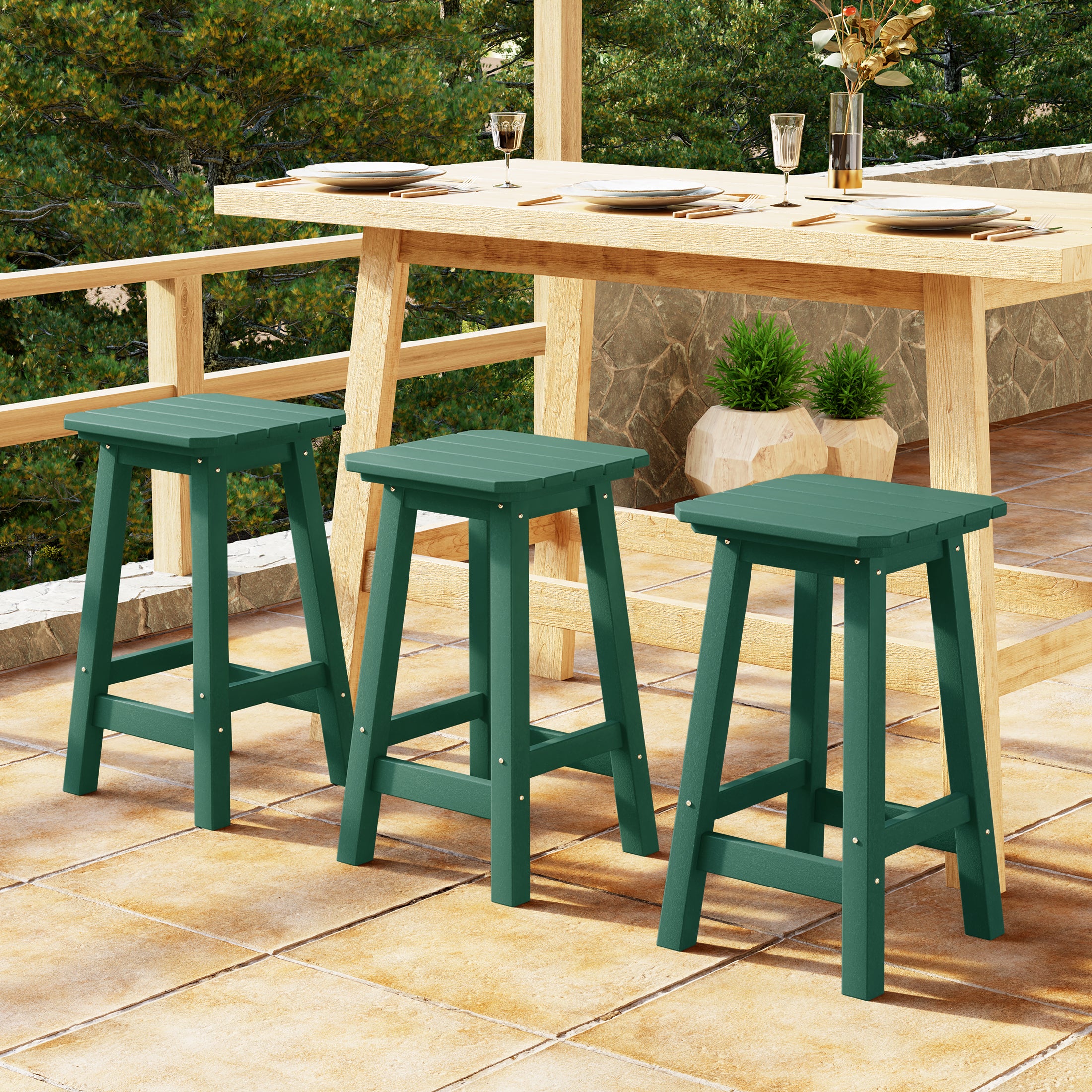 Paradise 24" HDPE Outdoor Patio Counter High Backless Square Bar Stools Set of Three