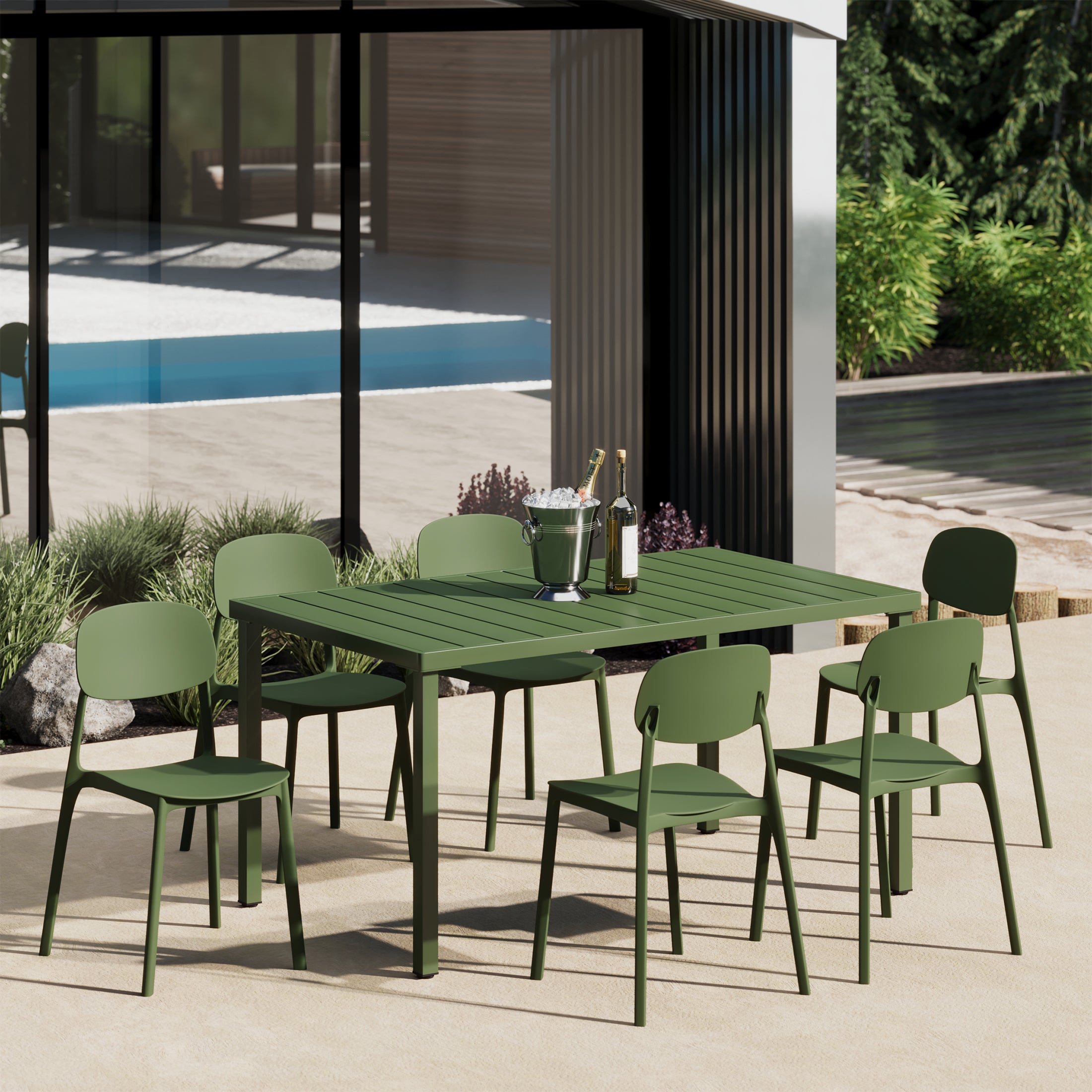 Sunshine 7-Piece Outdoor Rectangular Metal Patio Dining Table Set With Mid-Century Modern Stackable Patio Side Chairs