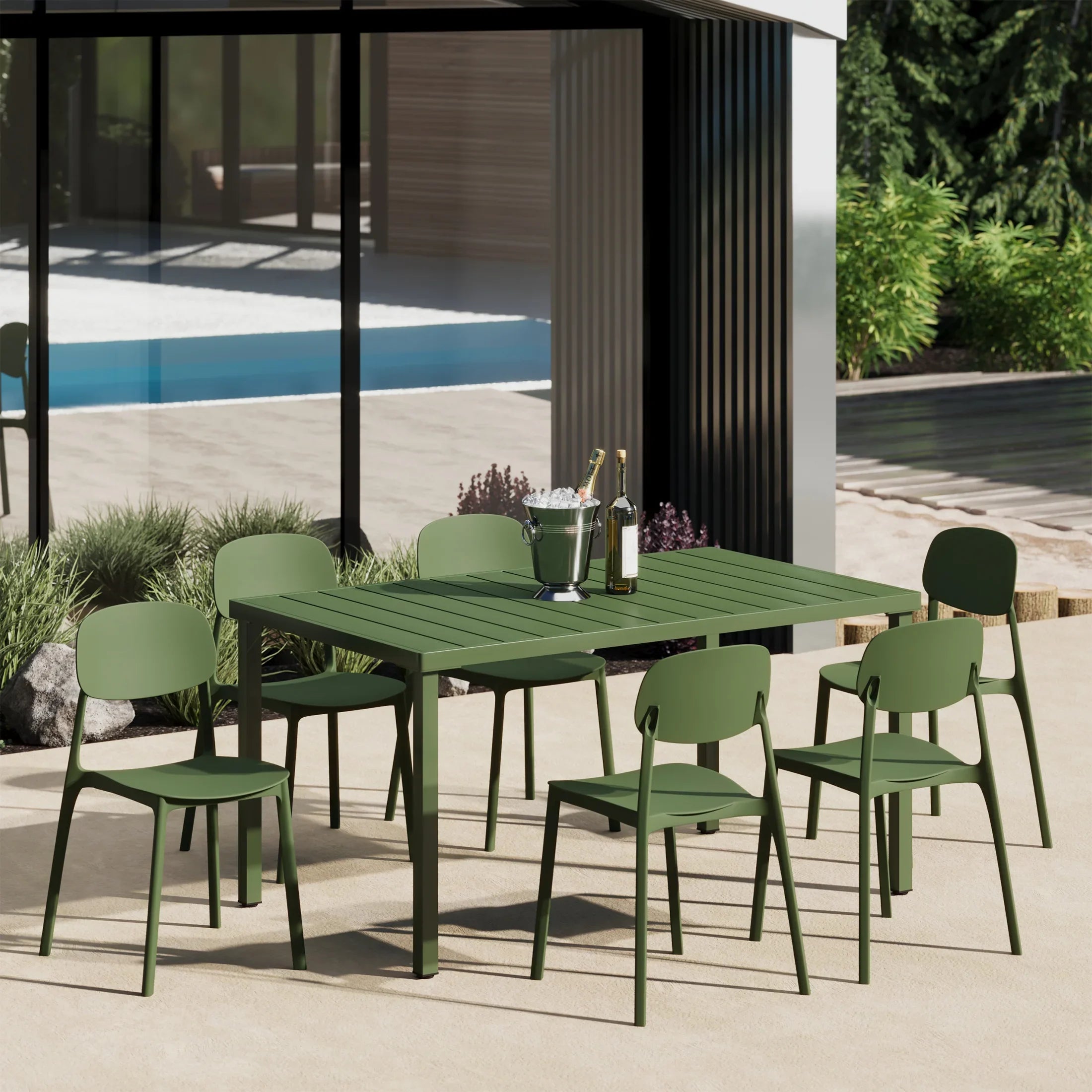 Sunshine 7-Piece Outdoor Rectangular Metal Patio Dining Table Set With Mid-Century Modern Stackable Patio Side Chairs
